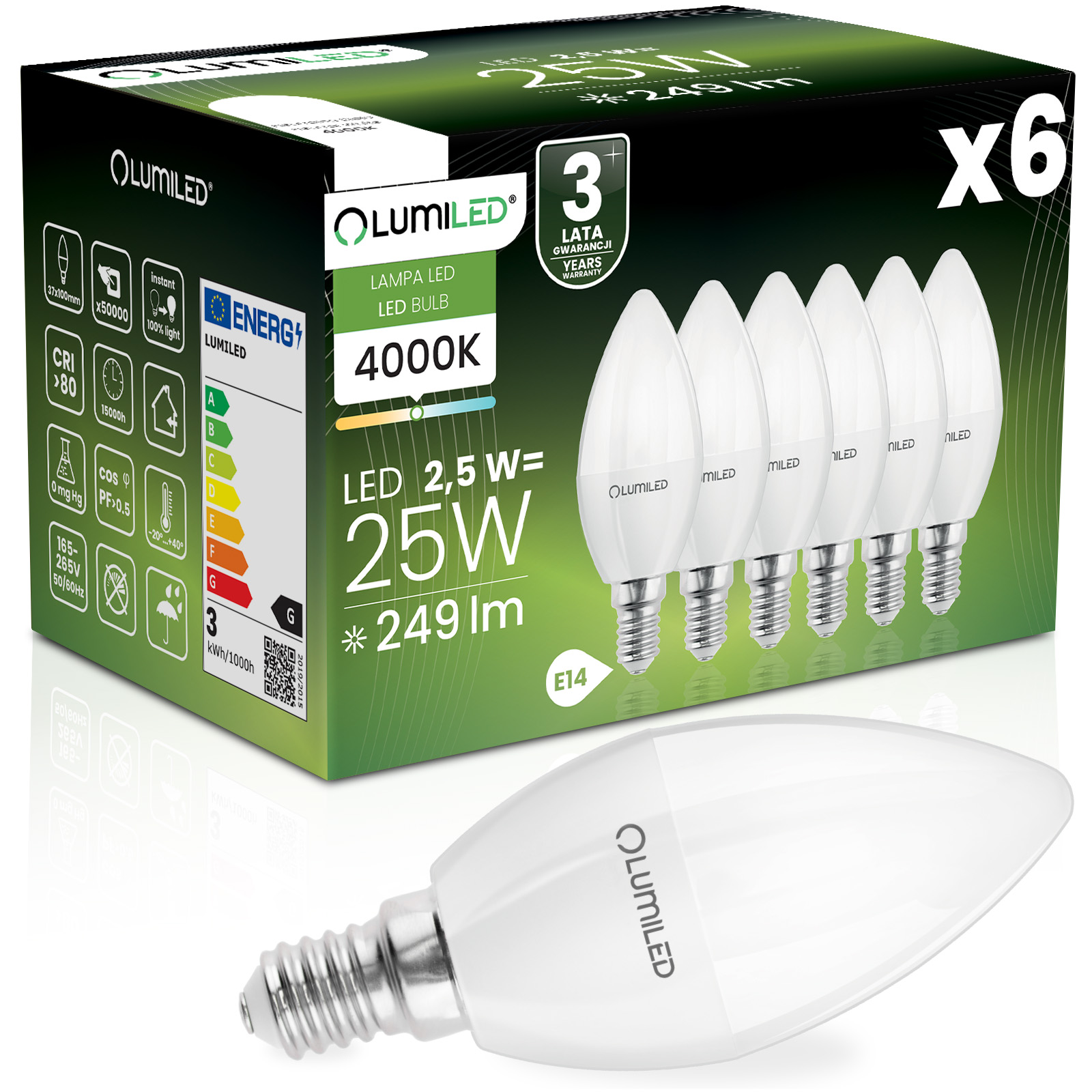 6x Żarówka LED E14 Świeczka B35 2,5W = 25W 249lm 4000K Neutralna 180° LUMILED - główne zdjęcie produktu