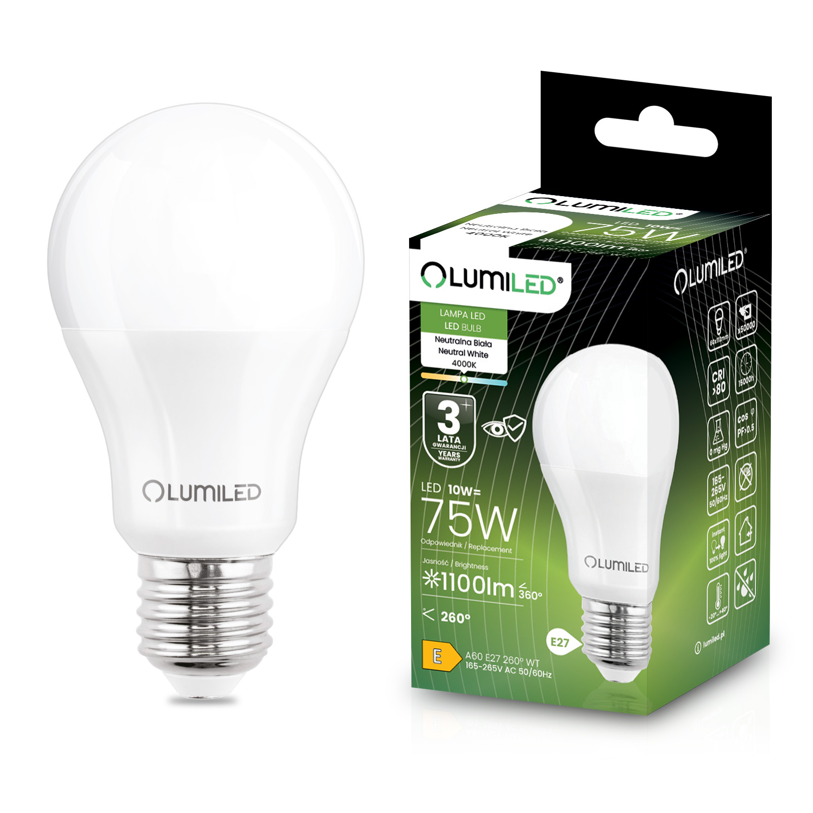 Żarówka LED E27 A60 10W = 75W 1100lm 4000K Neutralna 260° LUMILED - główne zdjęcie produktu