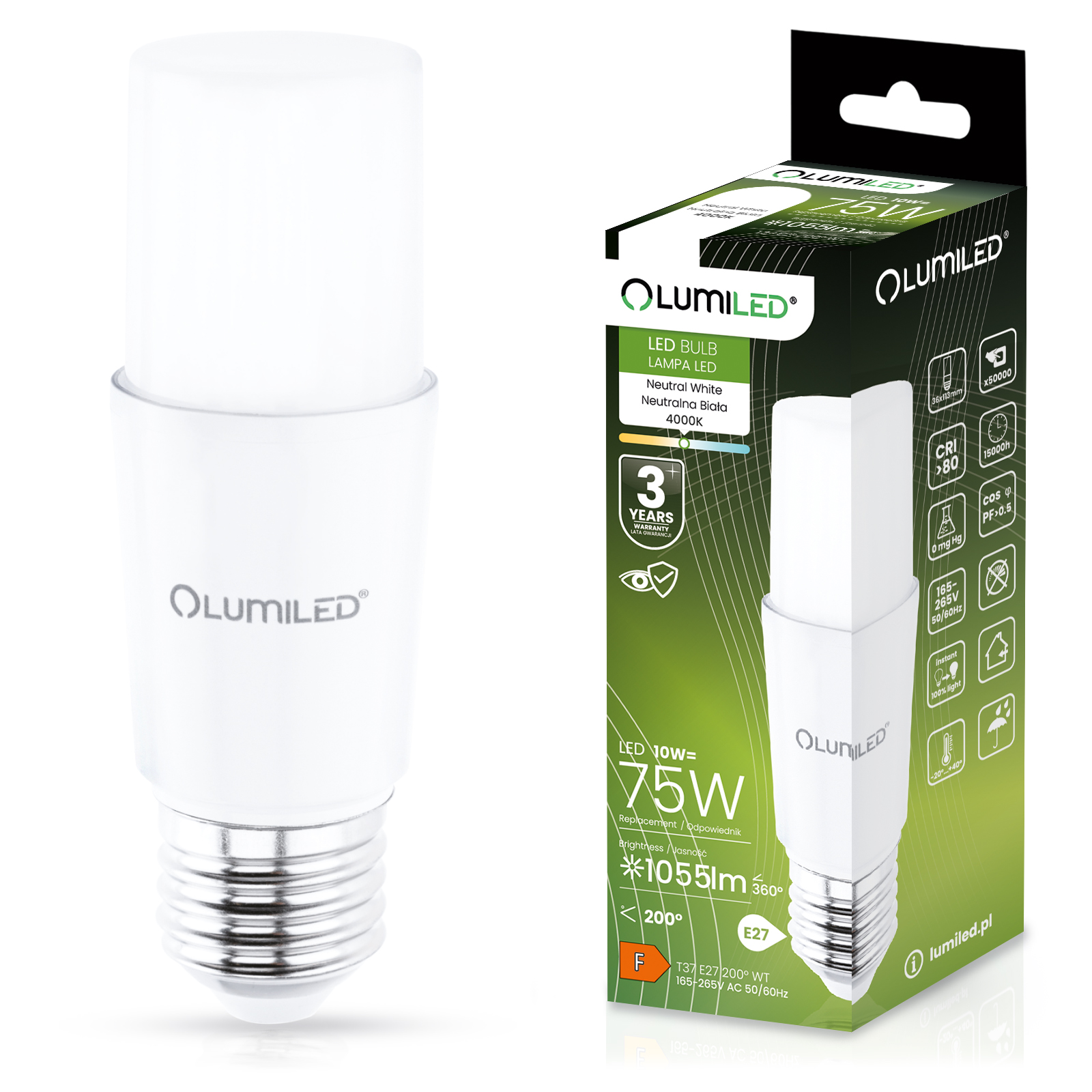 Żarówka LED E27 Tubularna T37 10W = 75W 1055lm 4000K Neutralna 200° LUMILED - główne zdjęcie produktu
