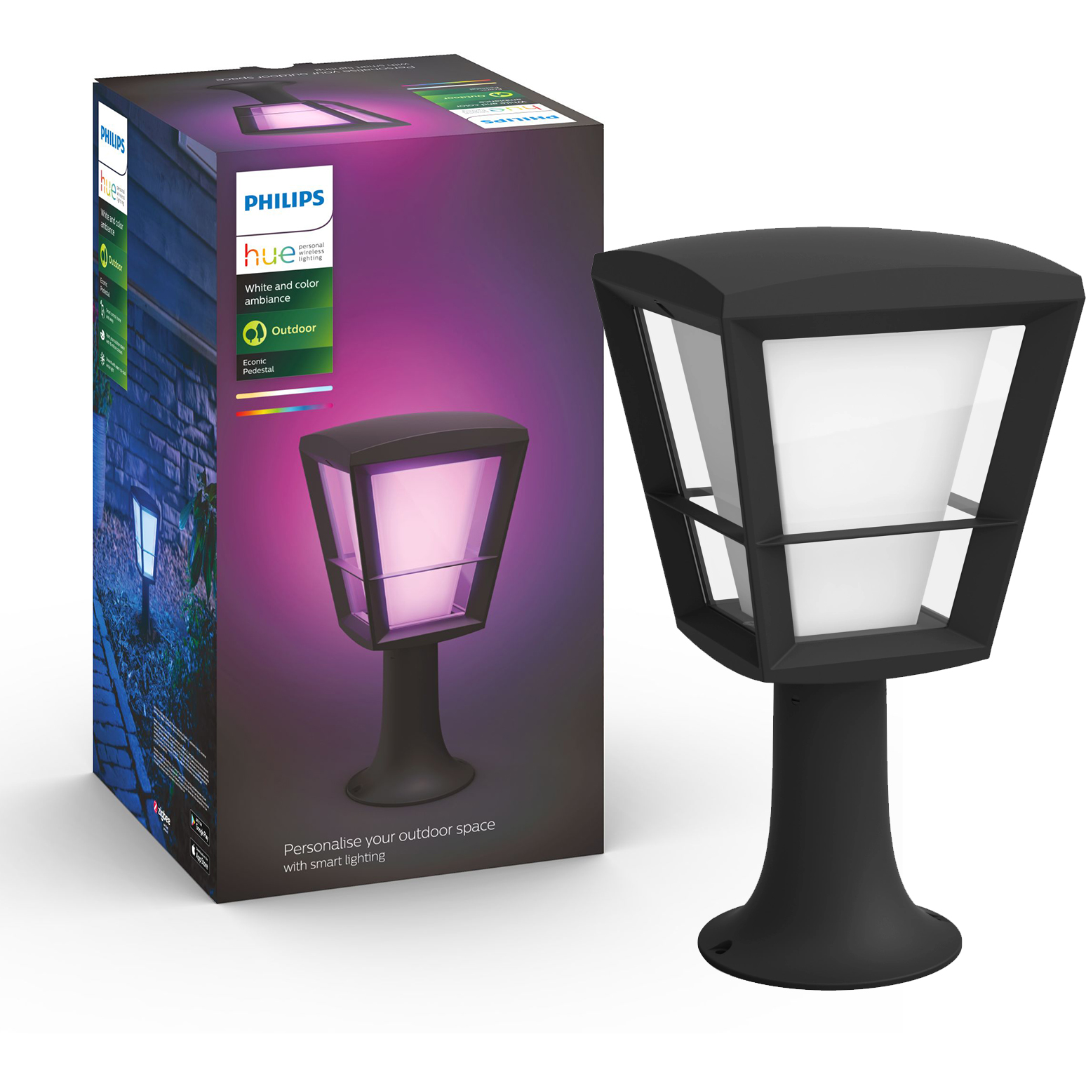 Lampa Ogrodowa Zewnętrzna LED SŁUPEK 32cm 15.2W 1140lm IP44 White and Color Ambiance RGB + TW Czarna Inteligentna SMART Zigbee Bluetooth Econic Philips HUE - główne zdjęcie produktu
