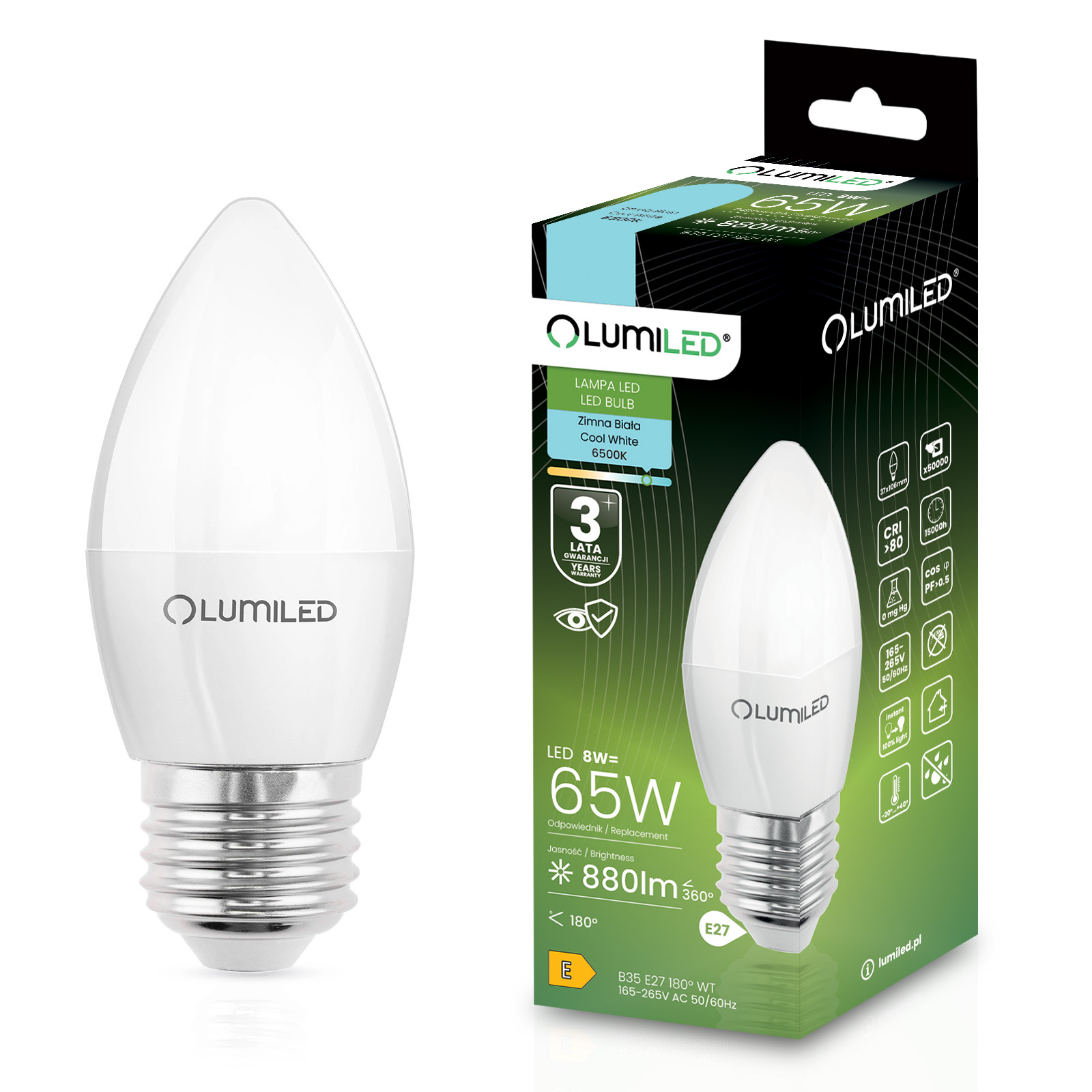Żarówka LED E27 Świeczka B35 8W = 65W 880lm 6500K Zimna 180° LUMILED - główne zdjęcie produktu