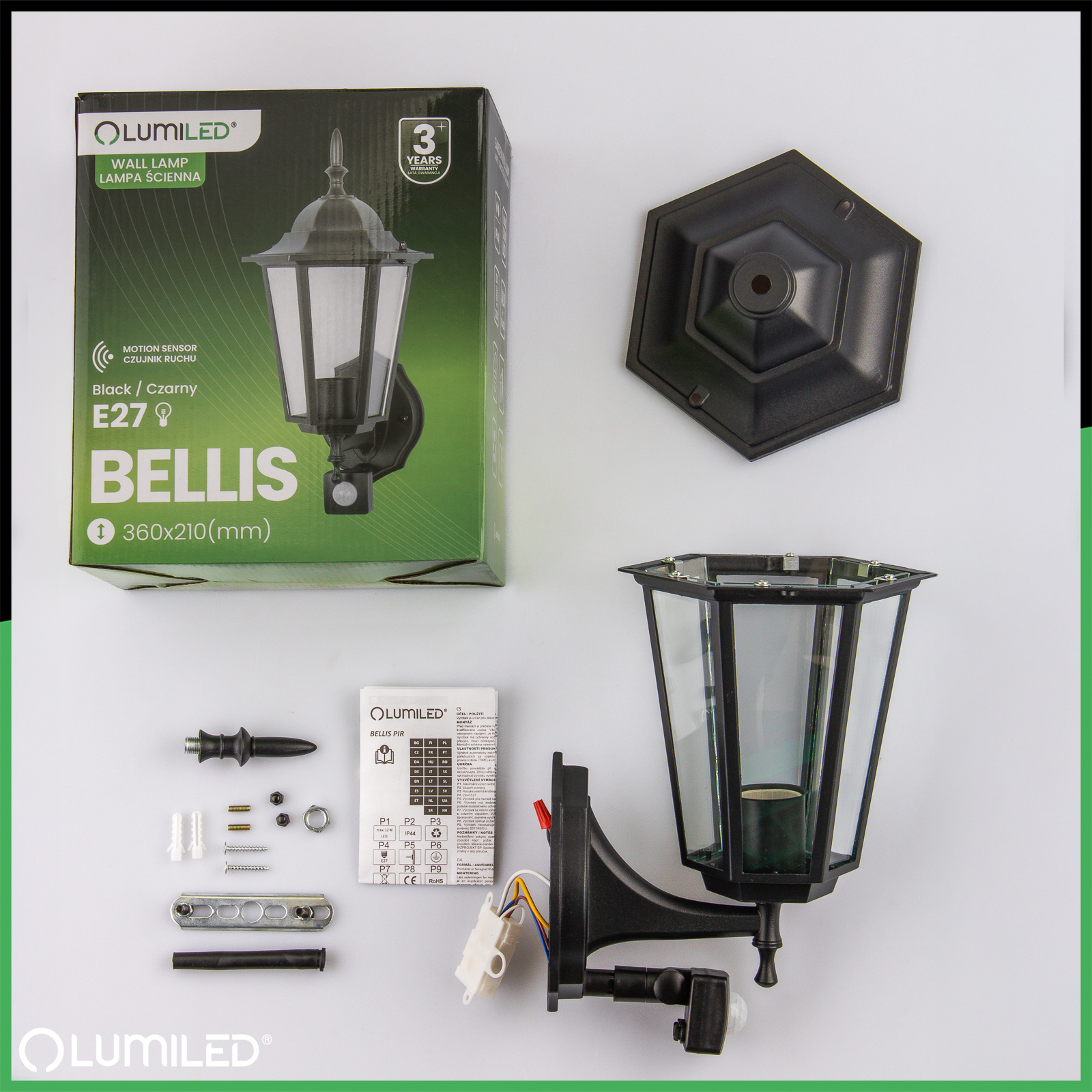 Lampa Ogrodowa Kinkiet Elewacyjny Zewnętrzny E27 LED Latarnia Czujnik Ruchu BELLIS Czarna LUMILED - skład produktu