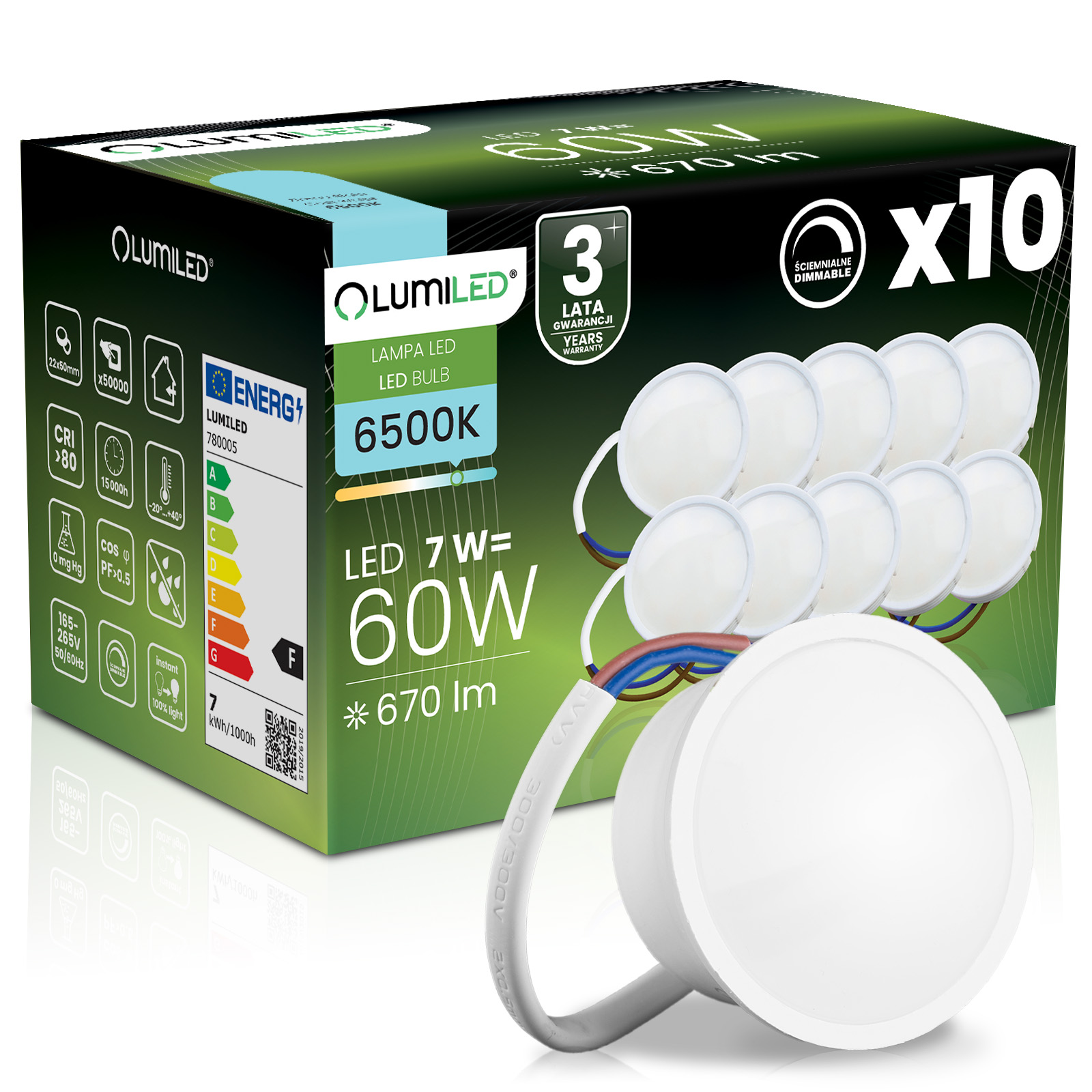 10x Wkład do Opraw LED Żarówka Moduł INSERT Reflektor 7W = 60W 670lm 6500K Zimna 120° Ściemnialna LUMILED - główne zdjęcie produktu
