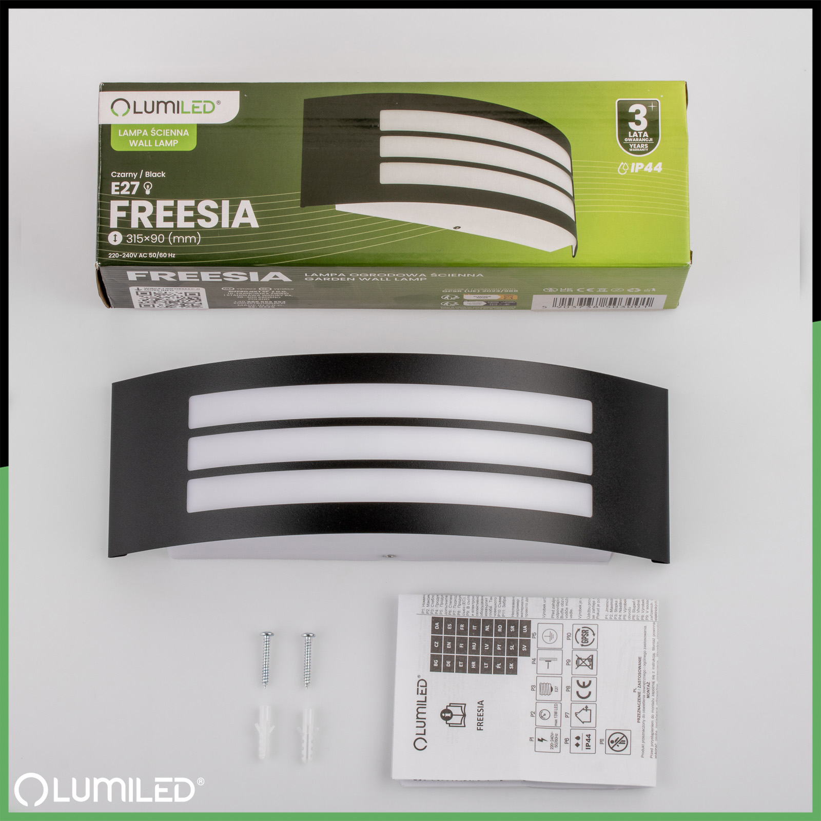 Kinkiet Ogrodowy Elewacyjny Lampa Zewnętrzna E27 CZARNA IP44 FREESIA LUMILED - skład produktu