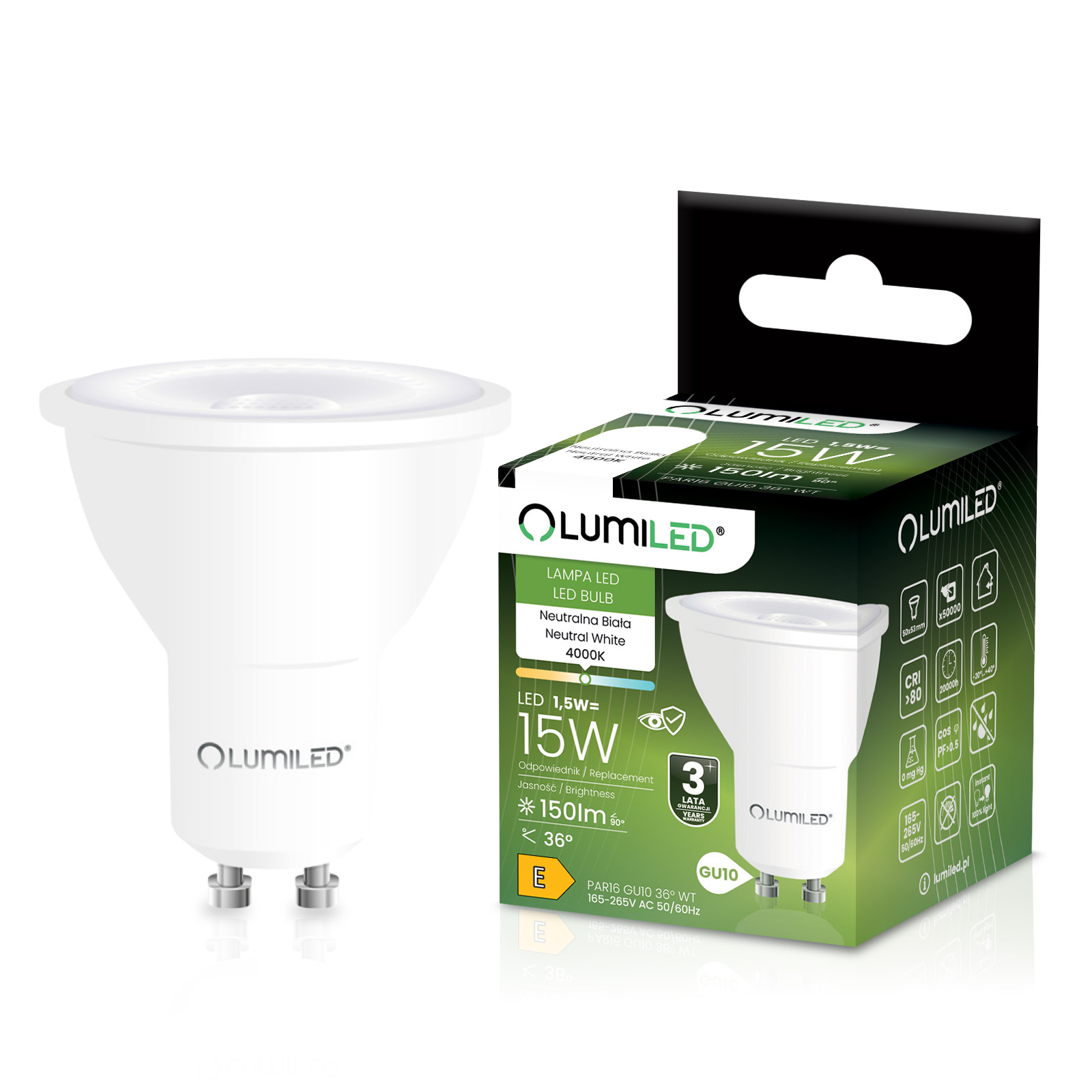 Żarówka LED GU10 Reflektor PAR16 1,5W = 15W 150lm 4000K Neutralna 36° LUMILED - główne zdjęcie produktu
