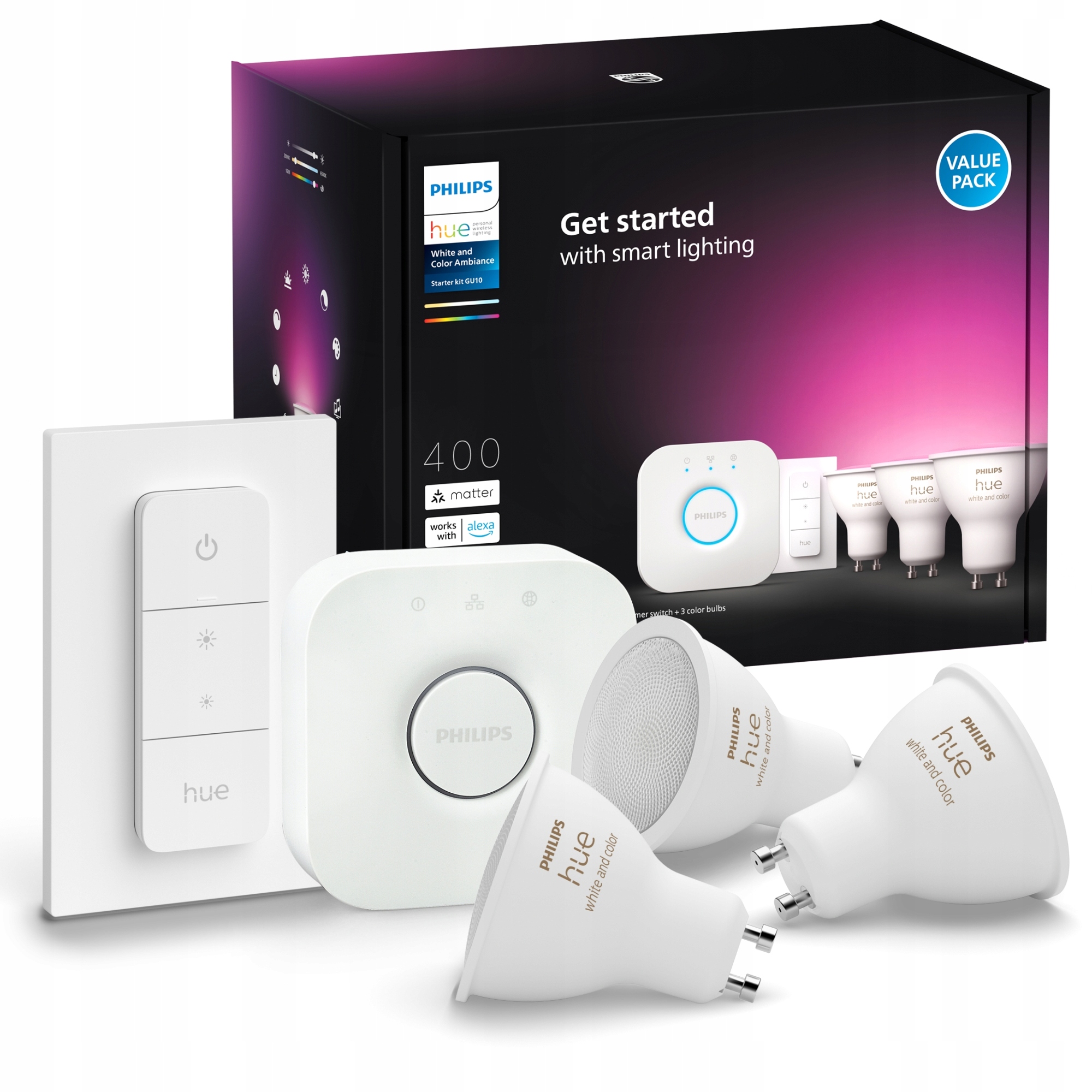 3x Żarówka LED GU10 Reflektor 4.2W = 50W 400lm 2000-6500K CCT + RGB SMART Inteligentna Bluetooth ZigBee White and Color Ambiance + Mostek Bridge + Regulator PILOT Zestaw Startowy Philips HUE - główne zdjęcie produktu