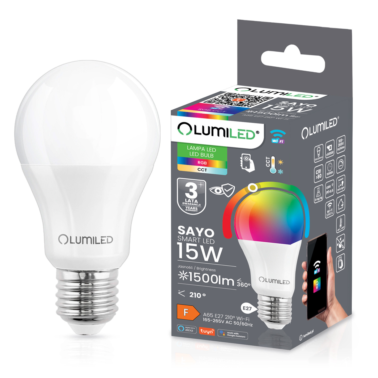 Żarówka LED E27 A65 15W = 100W 1500lm RGB CCT Ściemnialna Inteligentna TUYA WiFi SMART SAYO LUMILED - główne zdjęcie produktu