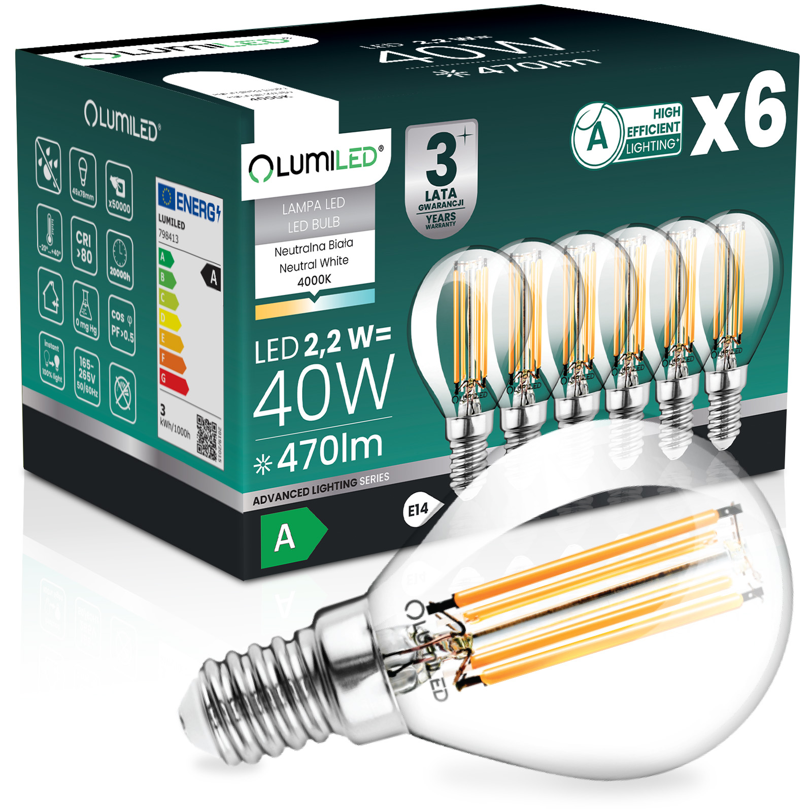 6x Żarówka LED E14 Kulka P45 2,2W 470lm = 40W 4000K Neutralna 360° Filament KLASA A LUMILED - główne zdjęcie produktu