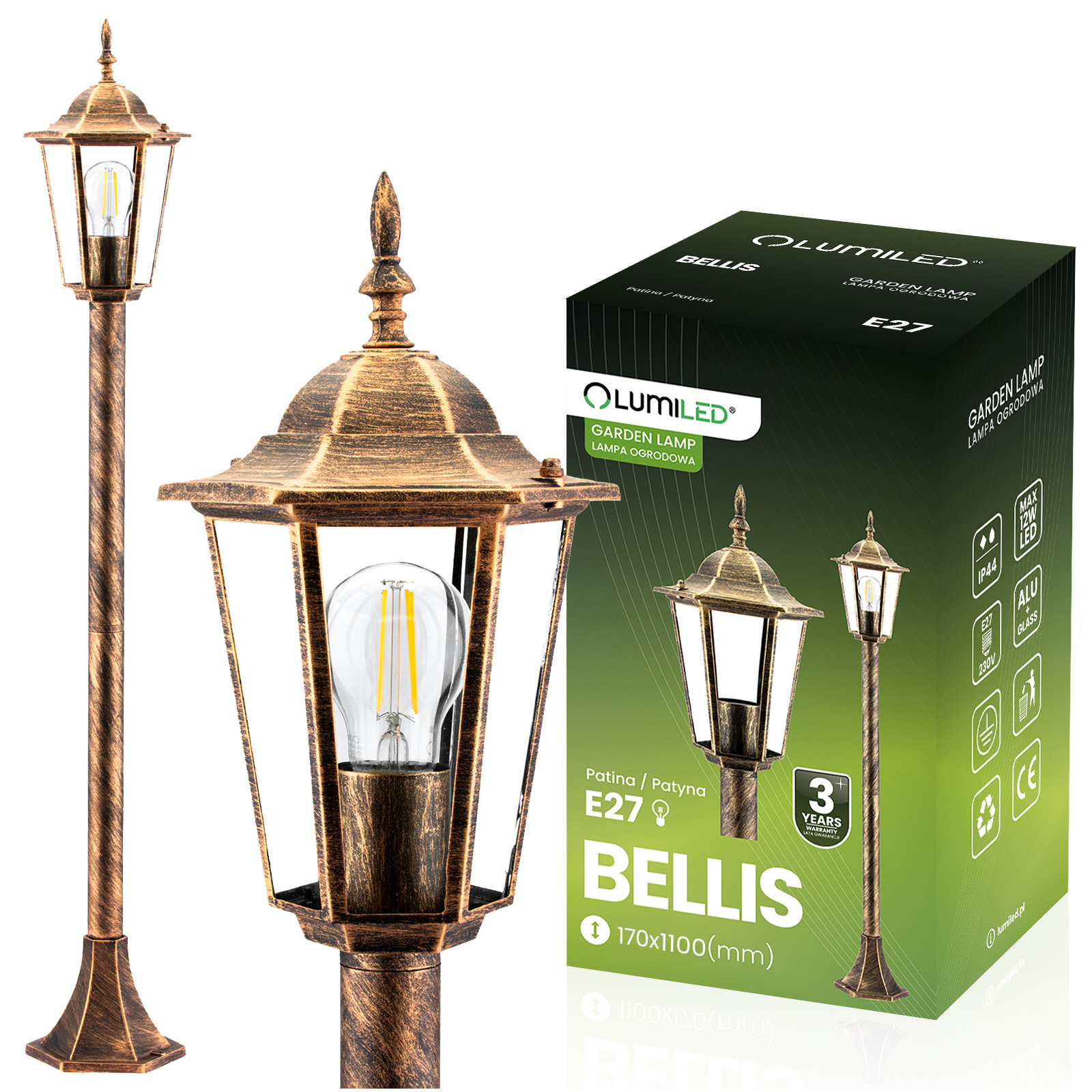 Lampa Ogrodowa Zewnętrzny E27 Niski SŁUPEK LATARNIA 110cm Patyna BELLIS LUMILED - główne zdjęcie produktu