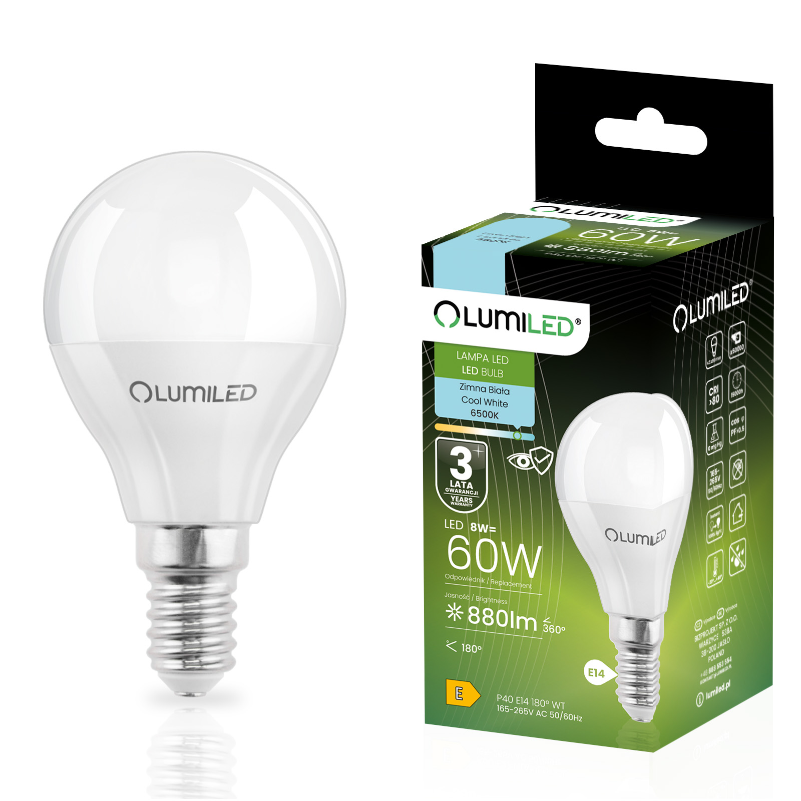 Żarówka LED E14 Kulka P45 8W = 60W 880lm 6500K Zimna 180° LUMILED - główne zdjęcie produktu