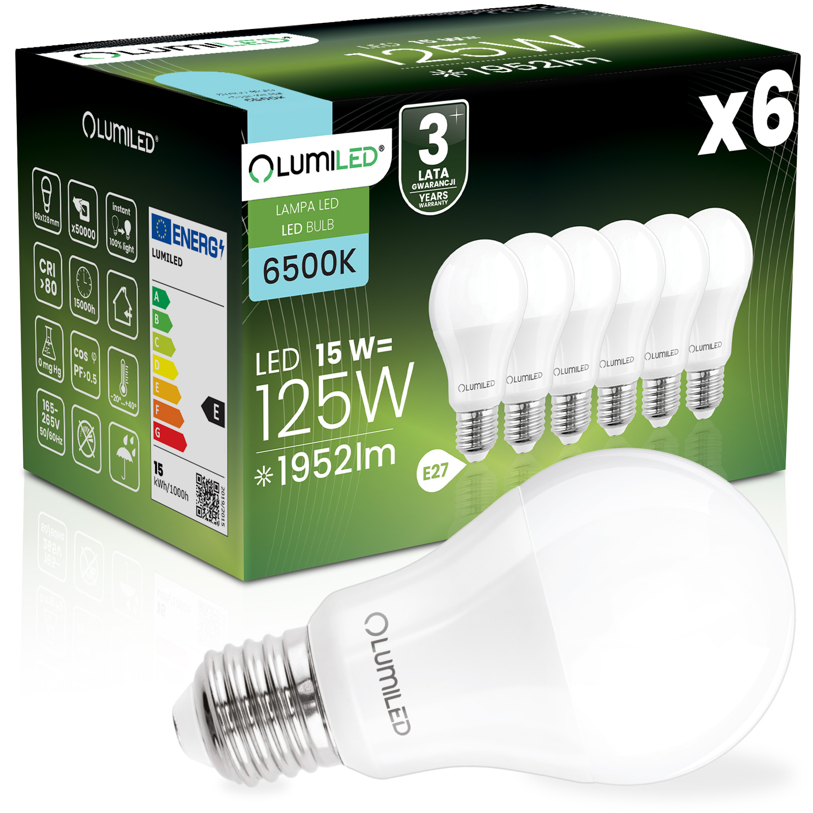 6x Żarówka LED E27 A65 15W = 125W 1952lm 6500K Zimna 260° LUMILED - główne zdjęcie produktu