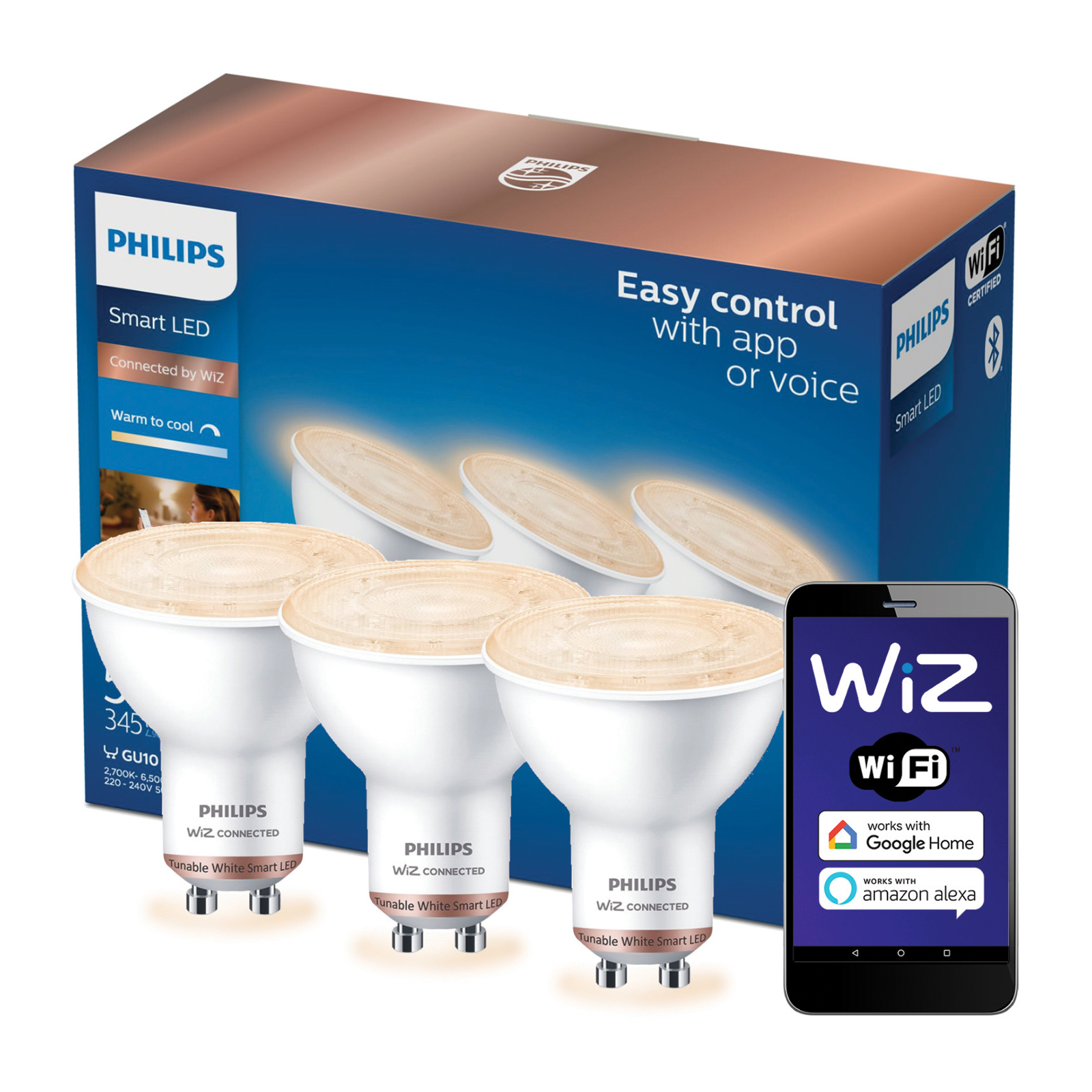 3x Żarówka LED GU10 Reflektor PAR16 4.7W = 50W 345lm 2700-6500K TW Inteligentna SMART WiFi Bluetooth Aplikacja WiZ Philips - główne zdjęcie produktu