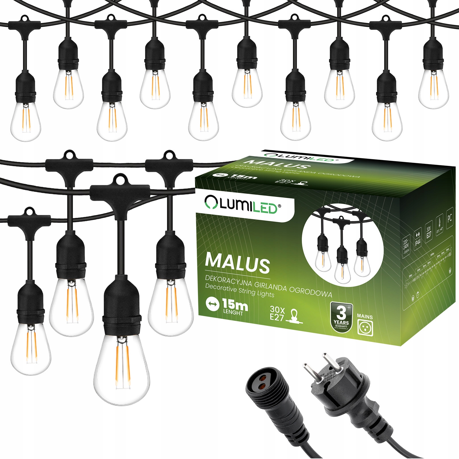 Girlanda Ogrodowa Zewnętrzna Łańcuch Świetlny 15m 30x E27 Żarówki 2W 3000K MALUS Lumiled - główne zdjęcie produktu