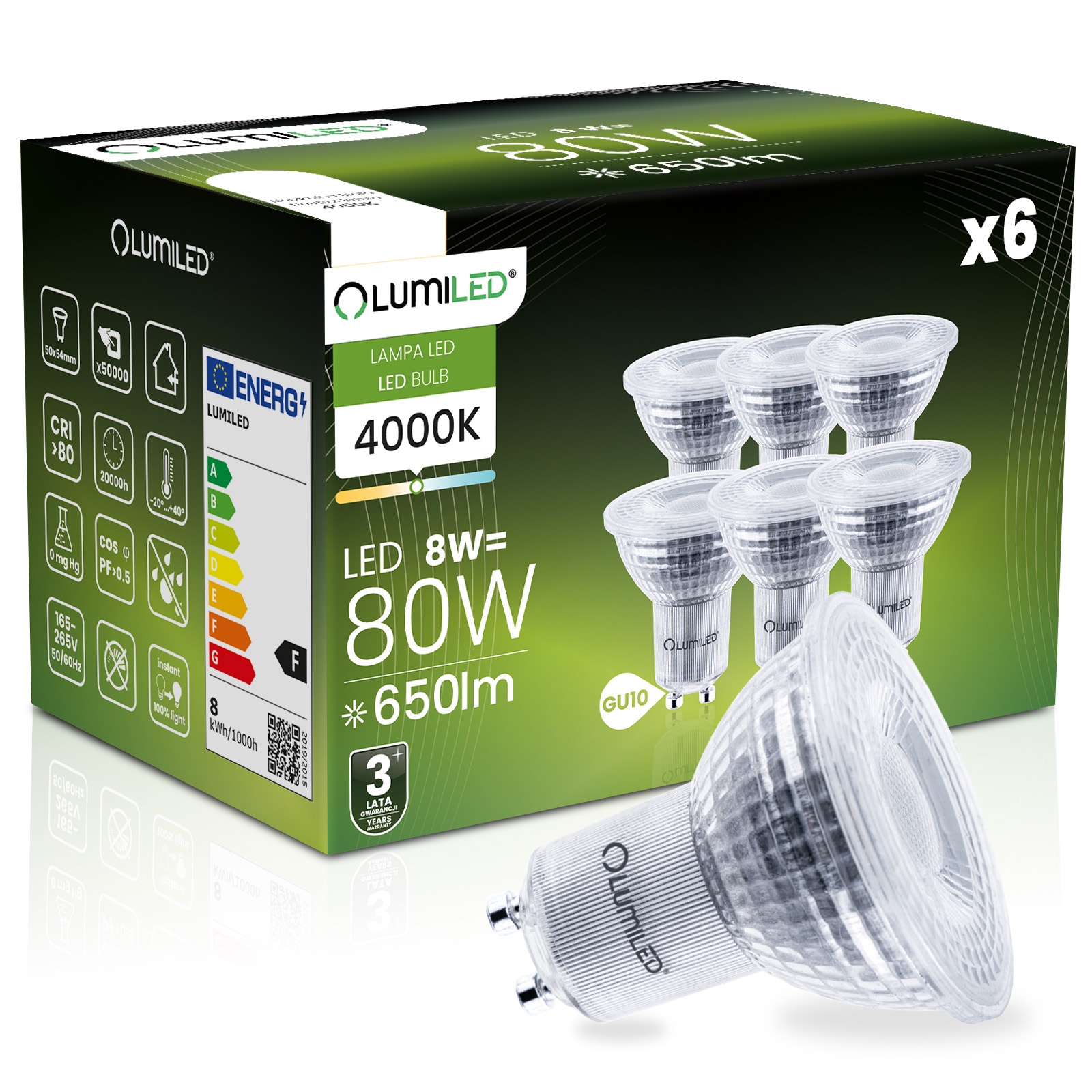 6x Żarówka LED GU10 Reflektor PAR16 8W = 80W 650lm 4000K Neutralna 36° Ściemnialna LUMILED - główne zdjęcie produktu