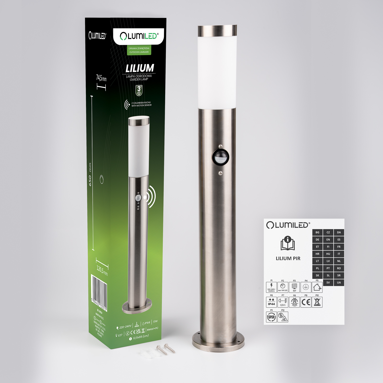 Lampa Ogrodowa Zewnętrzna E27 INOX SŁUPEK 65cm z Czujnikiem Ruchu Lilium LUMILED - skład produktu