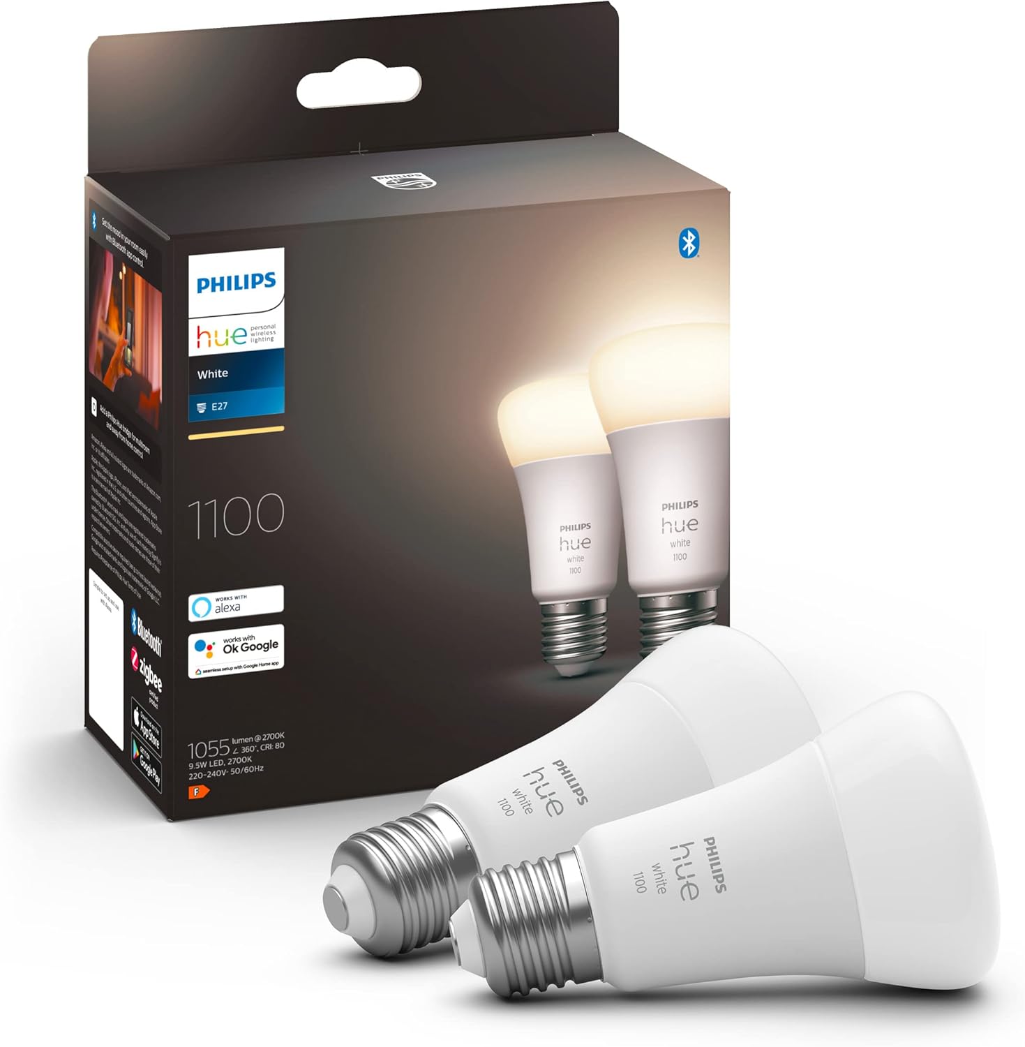 2x Żarówka LED E27 A60 9.5W = 75W 1055lm 2700K Biała Ciepła SMART Inteligentna Bluetooth ZigBee White Philips HUE - główne zdjęcie produktu