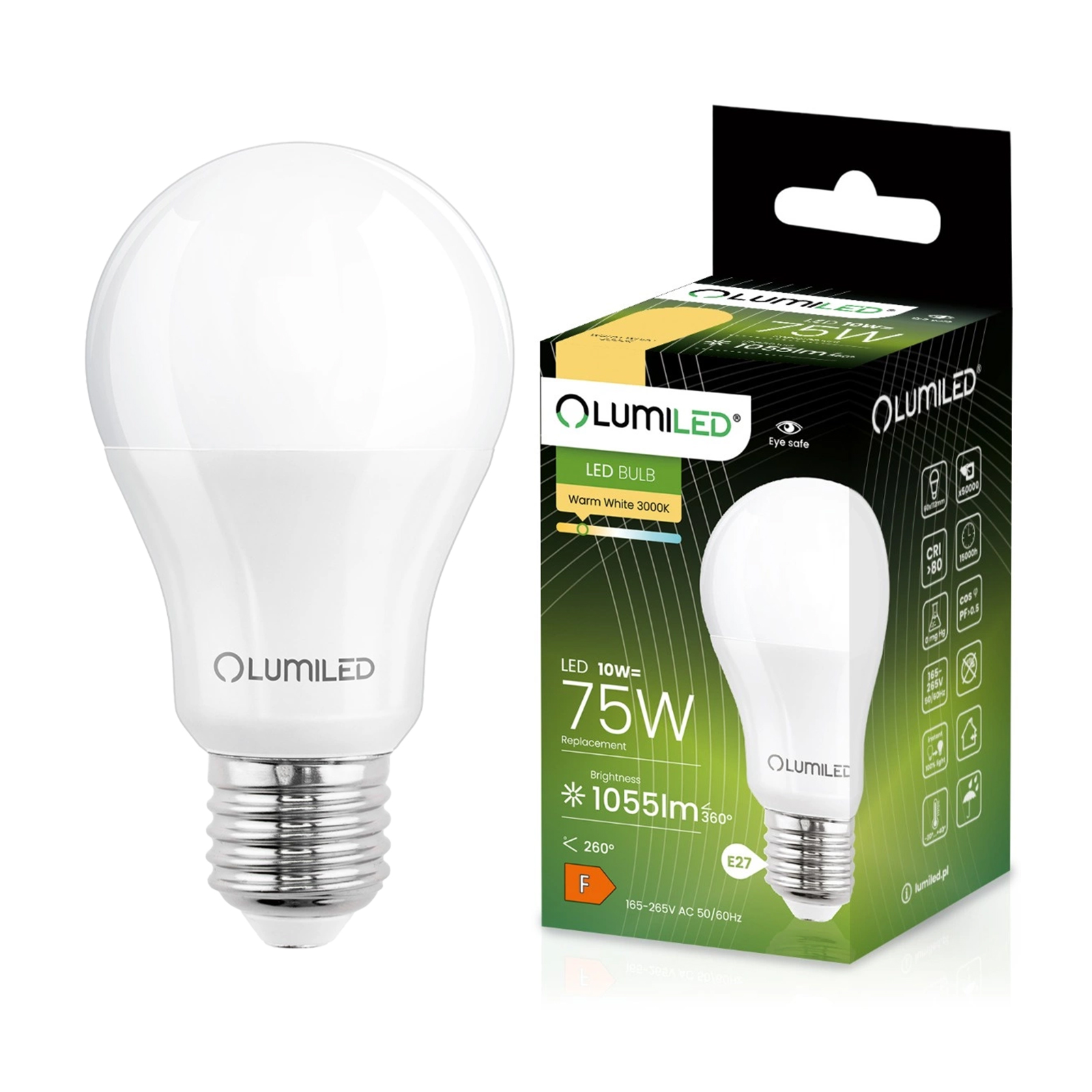 Żarówka LED E27 A60 10W = 75W 1055lm 3000K Ciepła 260° LUMILED - główne zdjęcie produktu