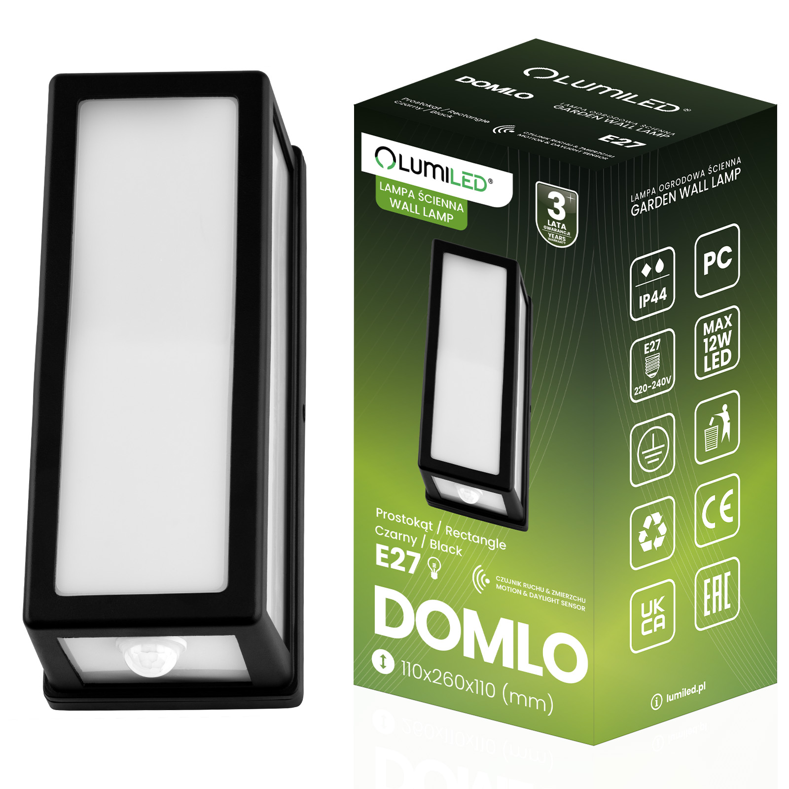 Lampa Ogrodowa Kinkiet Elewacyjny E27 Prostokątny Czujnik Ruchu DOMLO LUMILED - główne zdjęcie produktu