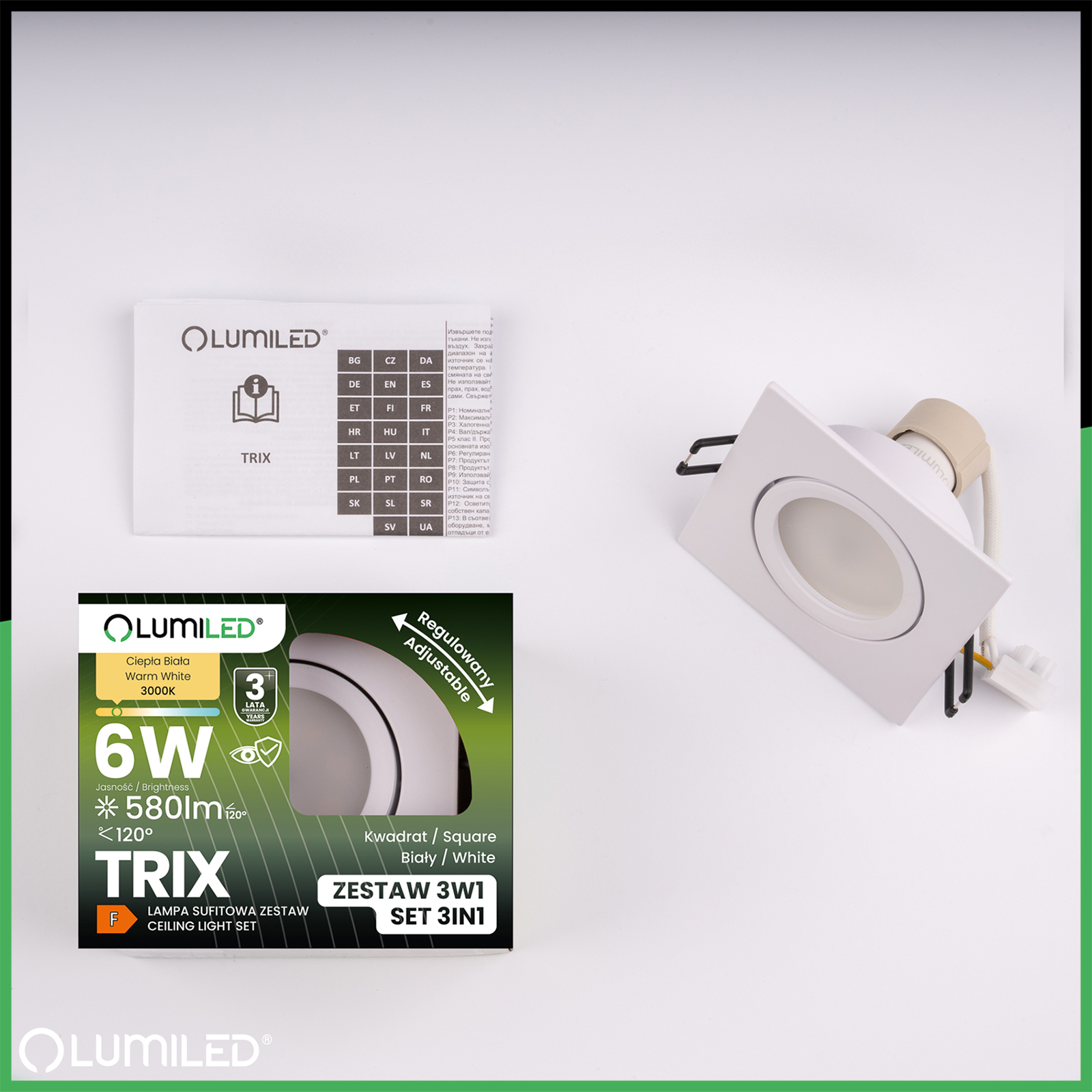 Oprawa Halogenowa Podtynkowa Kwadratowa Ruchoma TRIX 3w1 GU10 6W 3000K BIAŁY MAT LUMILED - skład produktu