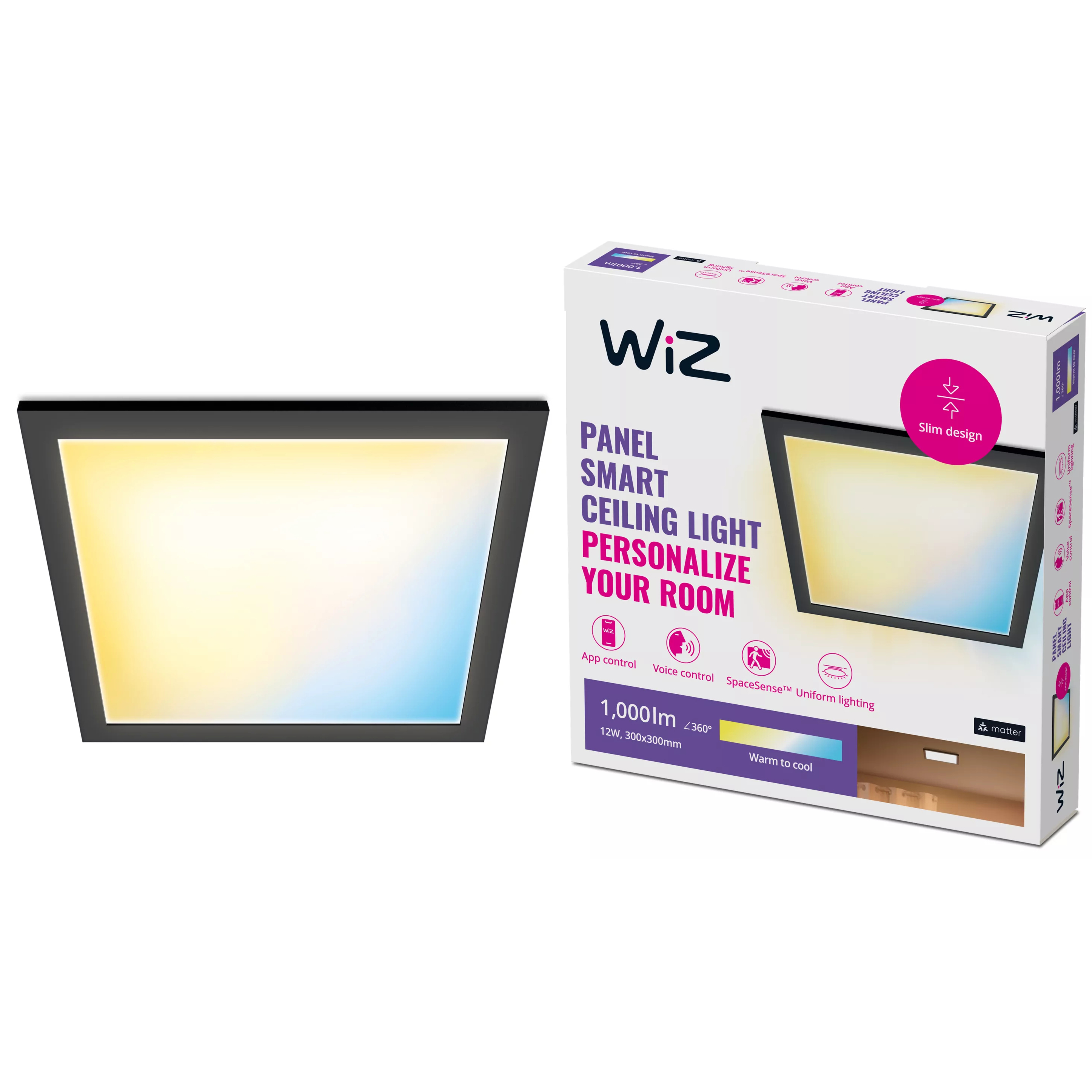 Panel LED Lampa Sufitowa Natynkowa 12W 1000lm 2700-6500K TW 30x30 cm Czarna Kwadratowa Inteligentna SMART WiFi Bluetooth Aplikacja WiZ - główne zdjęcie produktu