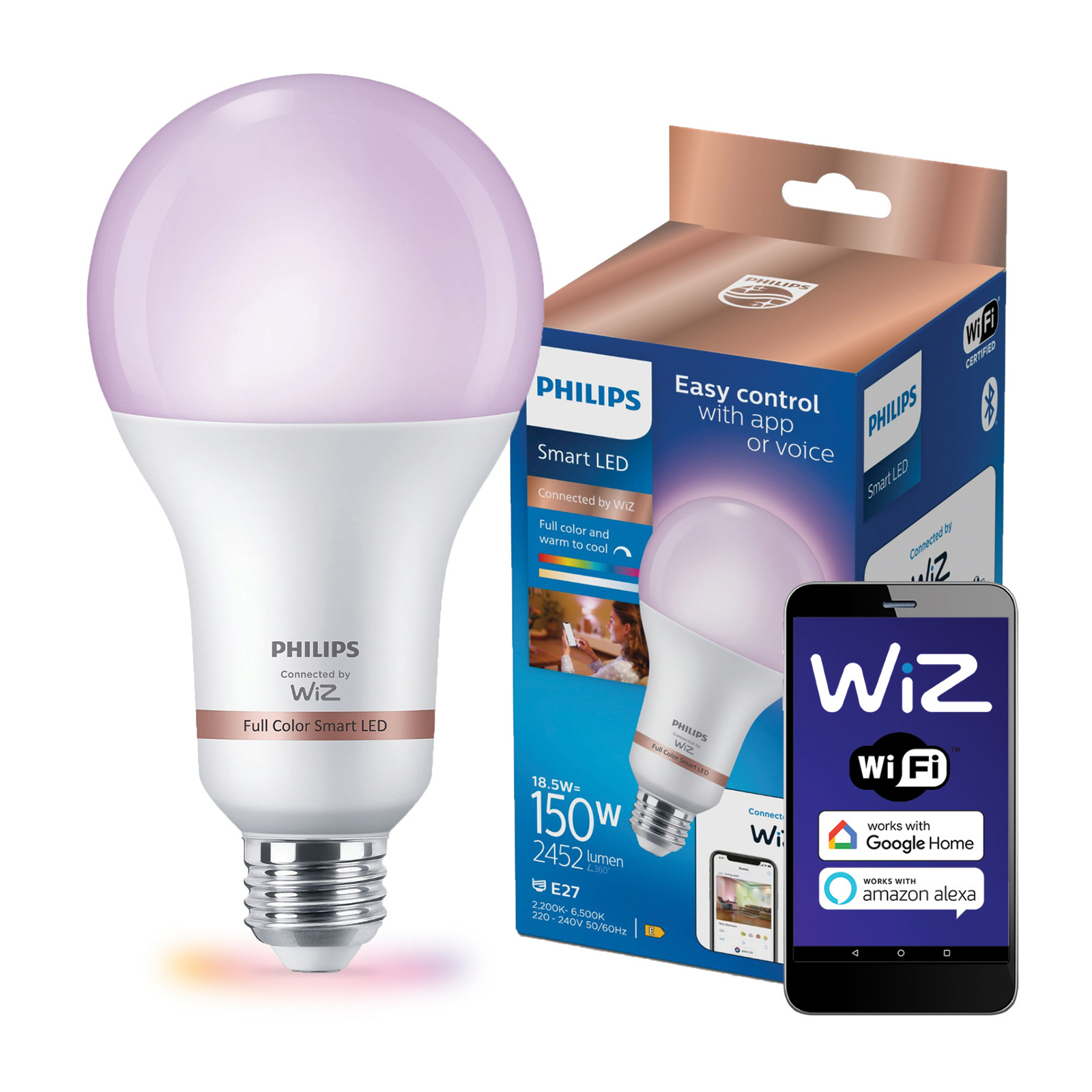 Żarówka LED E27 A80 18.5W = 150W 2452lm 2200-6500K RGB + TW Inteligentna SMART WiFi Bluetooth Aplikacja WiZ Philips - główne zdjęcie produktu
