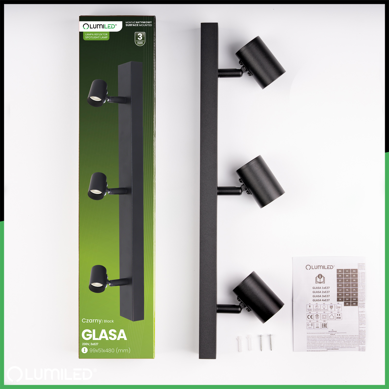 Lampa Sufitowa SPOT TUBA Reflektor Oprawa Halogenowa 3x E27 GLASA LUMILED - skład produktu