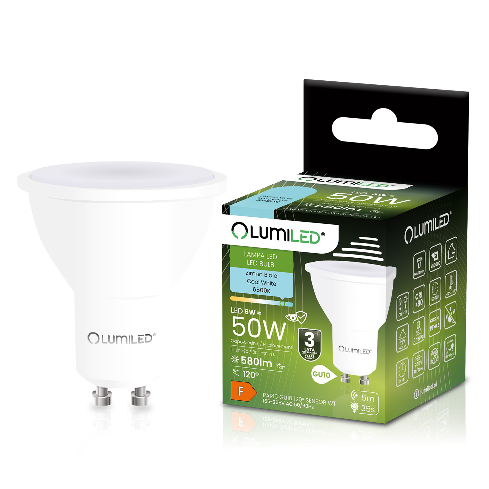 Żarówka LED GU10 Reflektor PAR16 6W = 50W 580LM 6500K Zimna 120° z Czujnikiem Ruchu LUMILED - główne zdjęcie produktu