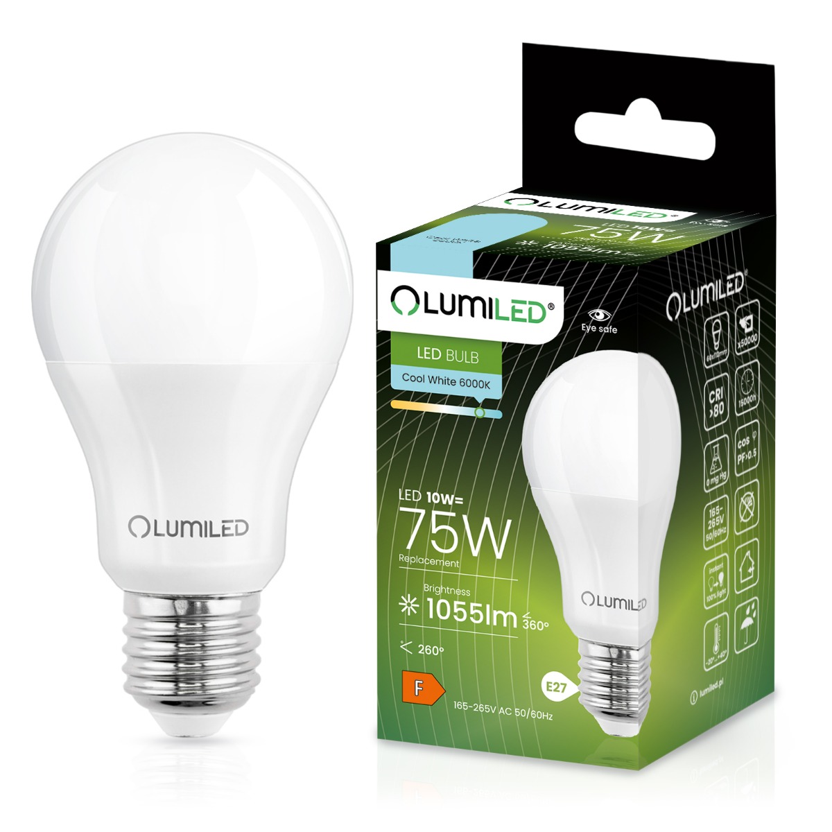 Żarówka LED E27 A60 10W = 75W 1055lm 6500K Zimna 260° LUMILED - główne zdjęcie produktu