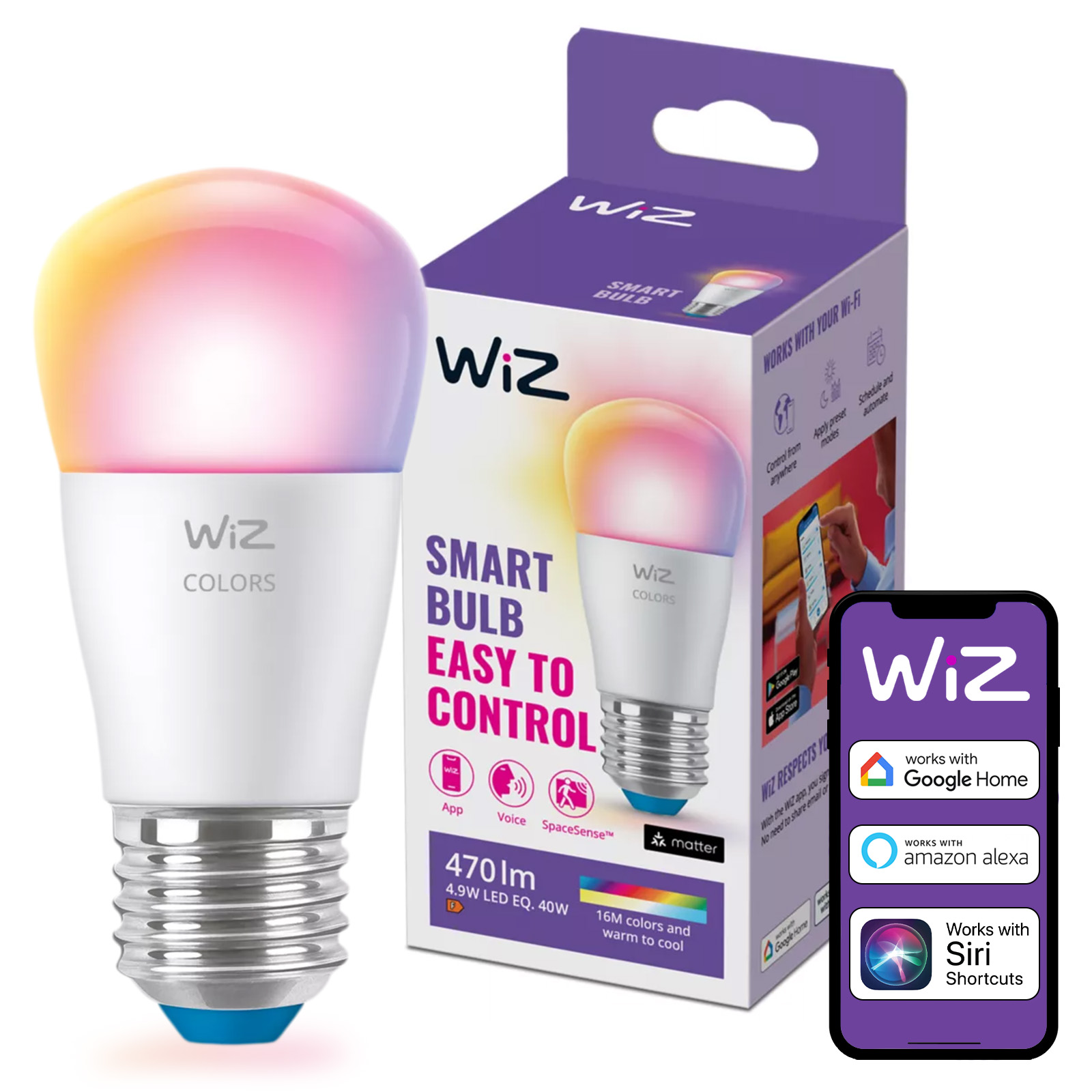 Żarówka LED E27 Kulka P45 4.9W = 40W 470lm 2200-6500K RGB + TW Inteligentna SMART WiFi Bluetooth Aplikacja WiZ - główne zdjęcie produktu