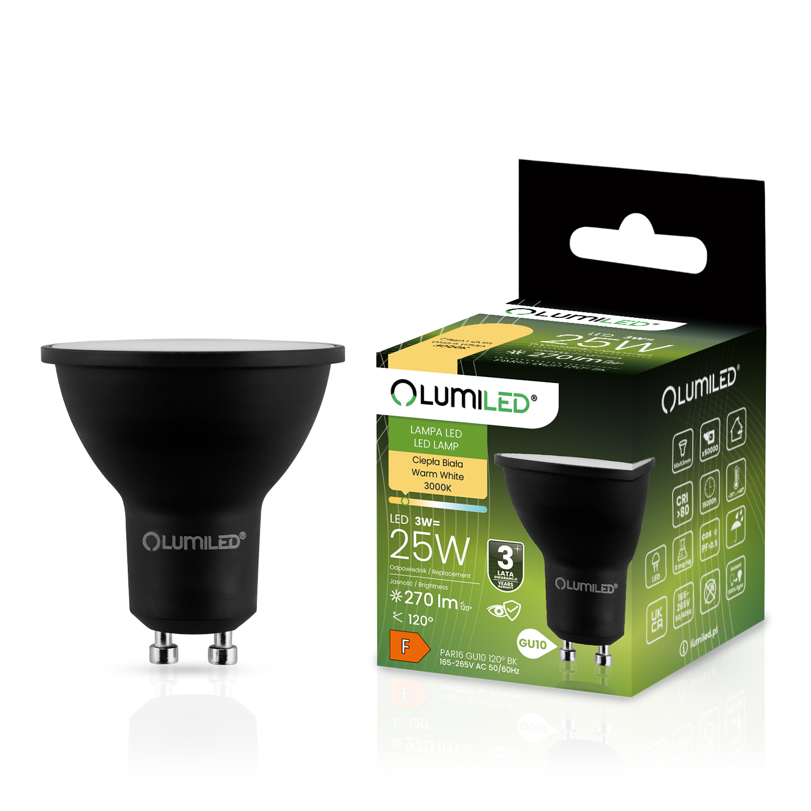 Żarówka LED GU10 Reflektor PAR16 3W = 25W 270lm 3000K Ciepła 120° Czarna LUMILED - główne zdjęcie produktu