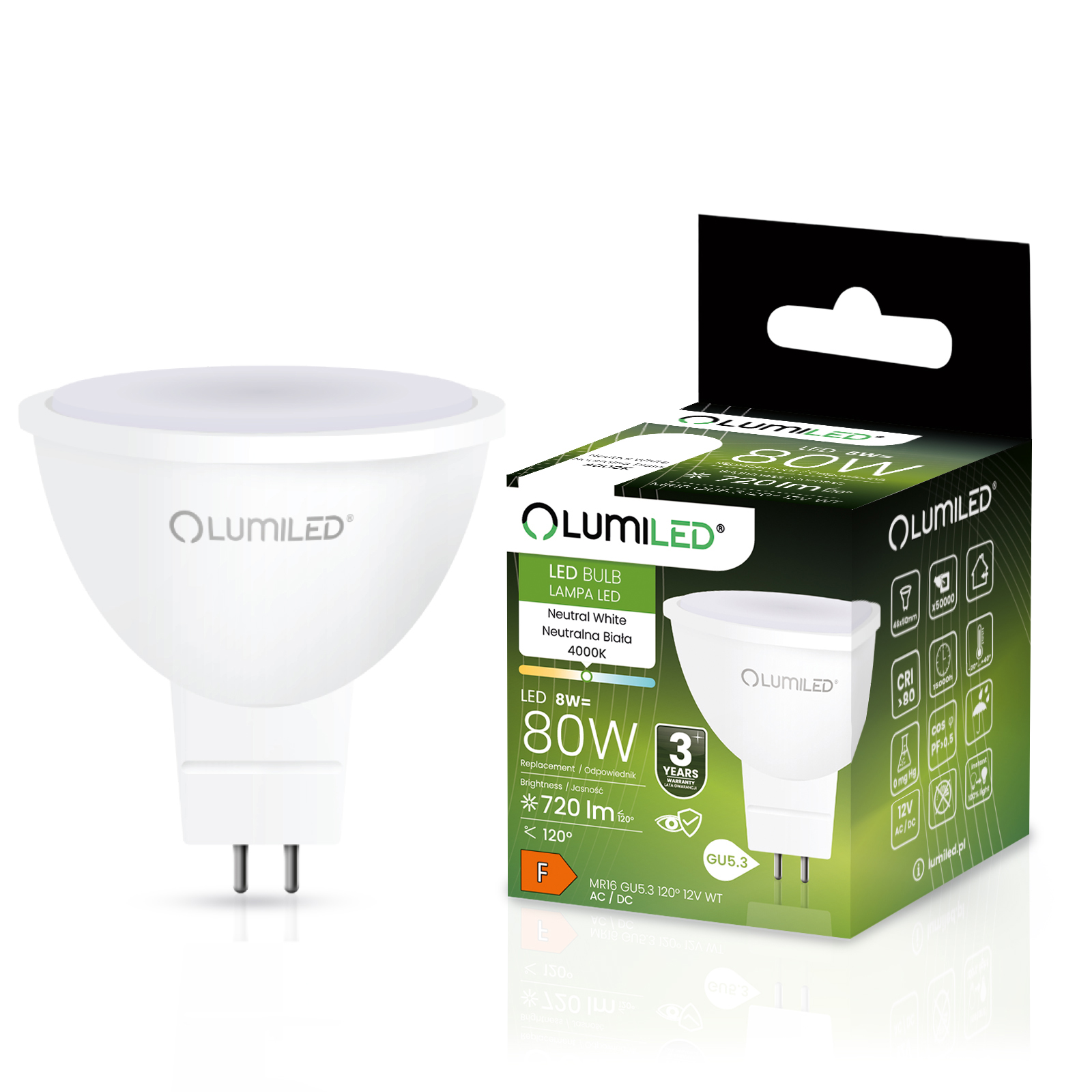 Żarówka LED GU5.3 Reflektor MR16 8W = 80W 720lm 4000K Neutralna 120° 12V LUMILED - główne zdjęcie produktu