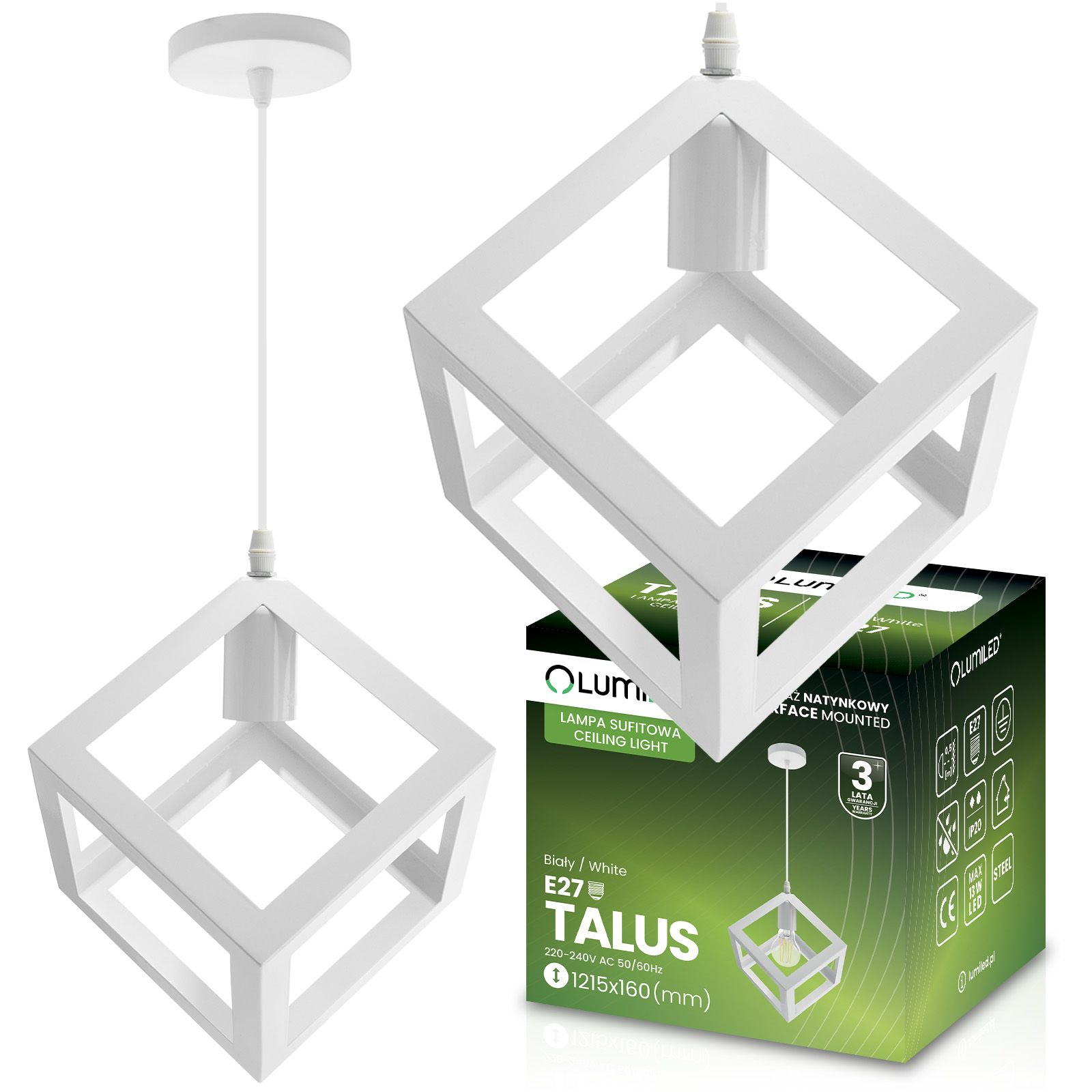 Lampa Wisząca Sufitowa Geometryczna Kwadrat Zwis LED E27 TALUS Biała LUMILED - główne zdjęcie produktu