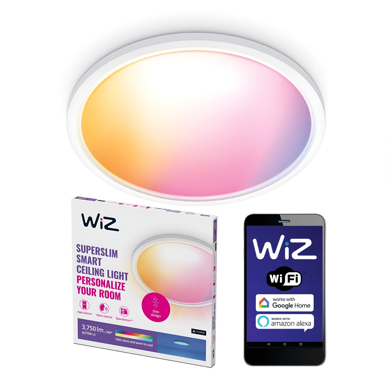 Plafon LED Lampa Sufitowa Natynkowa 32W 3750lm 2700-6500K RGB + TW 54.5cm Biała Okrągła Inteligentna SMART WiFi Bluetooth Aplikacja Superslim WiZ - główne zdjęcie produktu