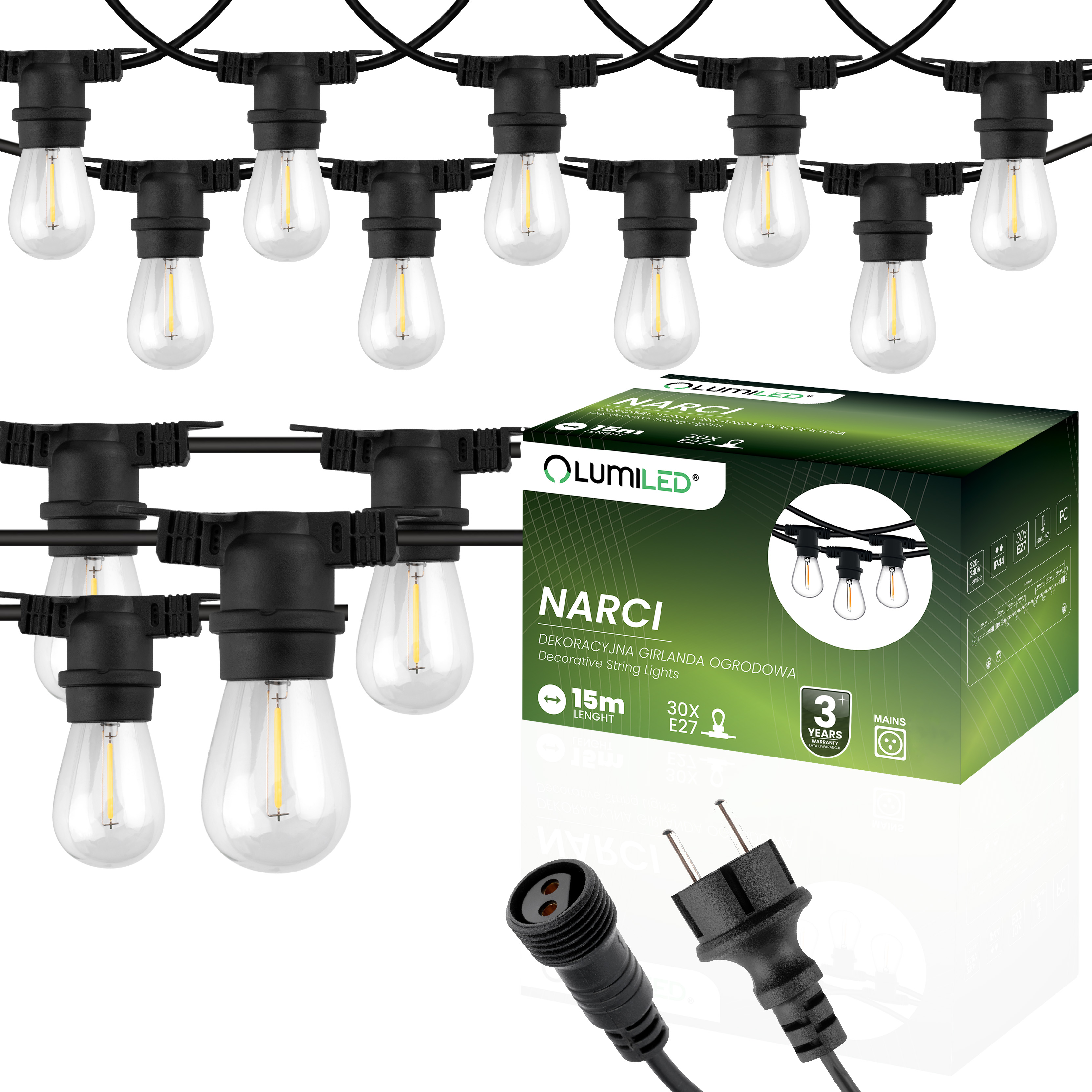 Girlanda Ogrodowa Zewnętrzna Łańcuch Świetlny 15m 30x E27 Żarówki 1W 2700K NARCI Lumiled - główne zdjęcie produktu