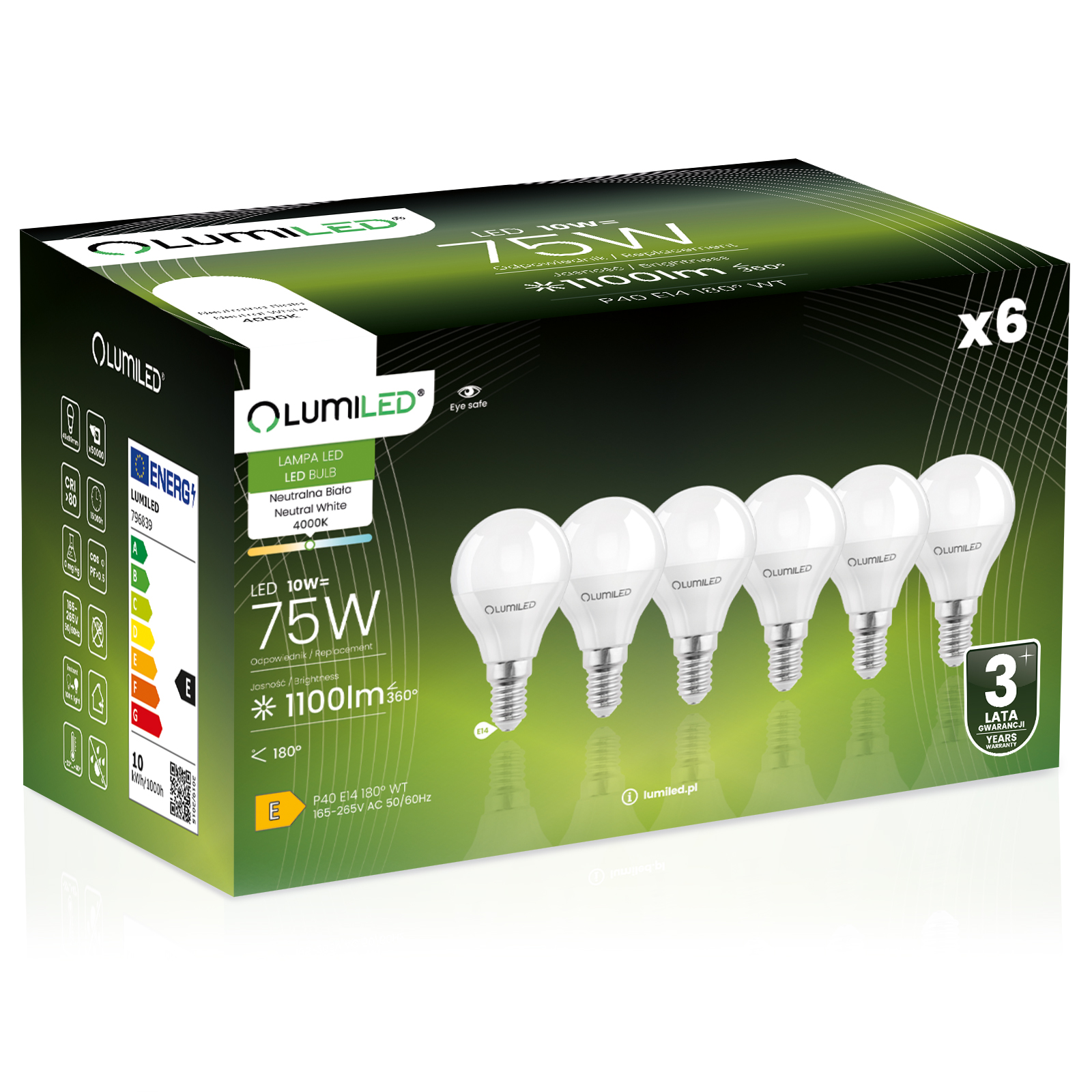 6x Żarówka LED E14 Kulka P45 10W = 75W 1100lm 4000K Neutralna 180° LUMILED - główne zdjęcie produktu