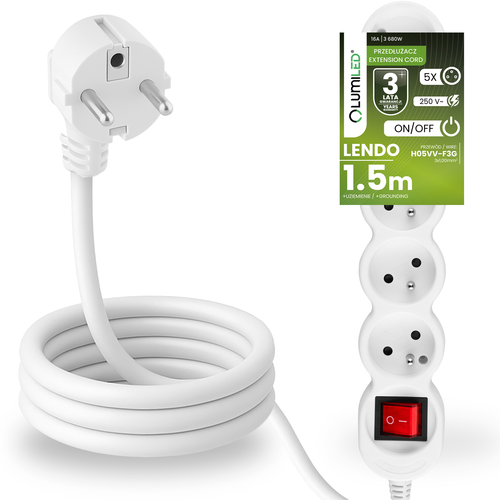 Przedłużacz Sieciowy Kabel z Uziemieniem Listwa Zasilająca 5 Gniazda 1.5m Włącznik ON/OFF Biały Sznur Lendo Lumiled - główne zdjęcie produktu