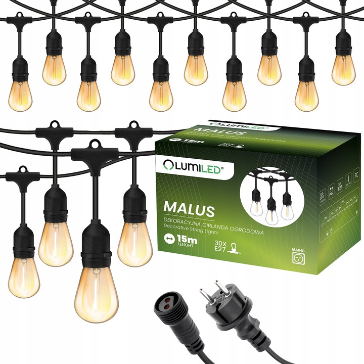 Girlanda Ogrodowa Zewnętrzna Łańcuch Świetlny 15m 30x E27 Żarówki 1,3W 2200K MALUS Lumiled - główne zdjęcie produktu