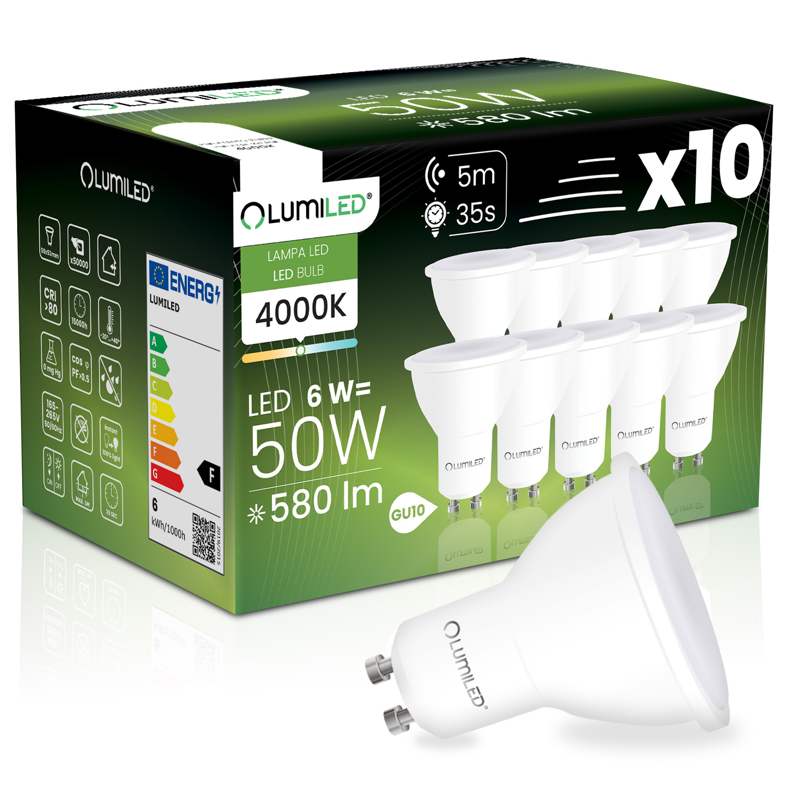 10x Żarówka LED GU10 Reflektor PAR16 6W = 50W 580LM 4000K Neutralna 120° z Czujnikiem Ruchu LUMILED - główne zdjęcie produktu
