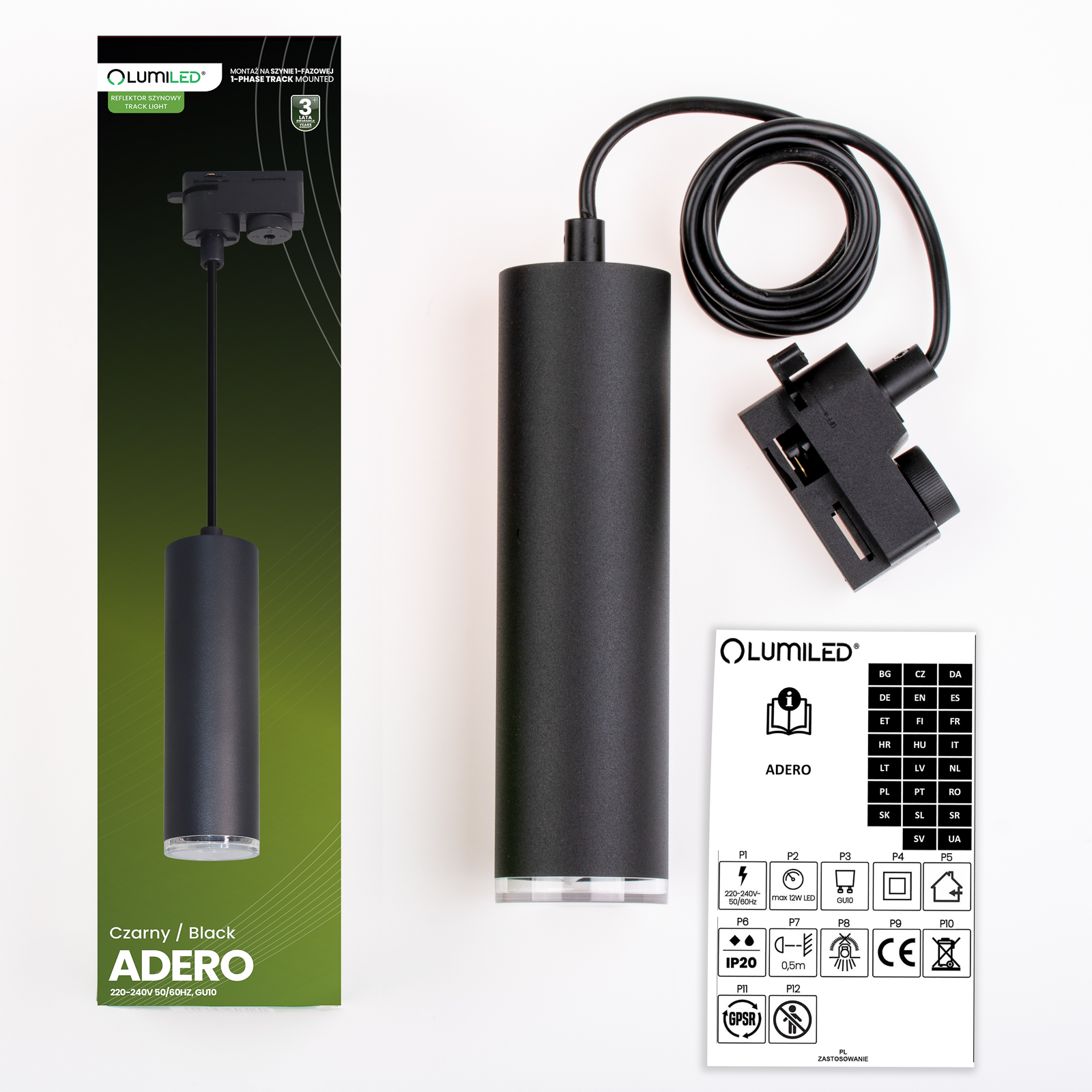 Lampa Sufitowa Szynoprzewód Szyna Zwis Reflektor Szynowy GU10 LED ADERO Czarny LUMILED - skład produktu