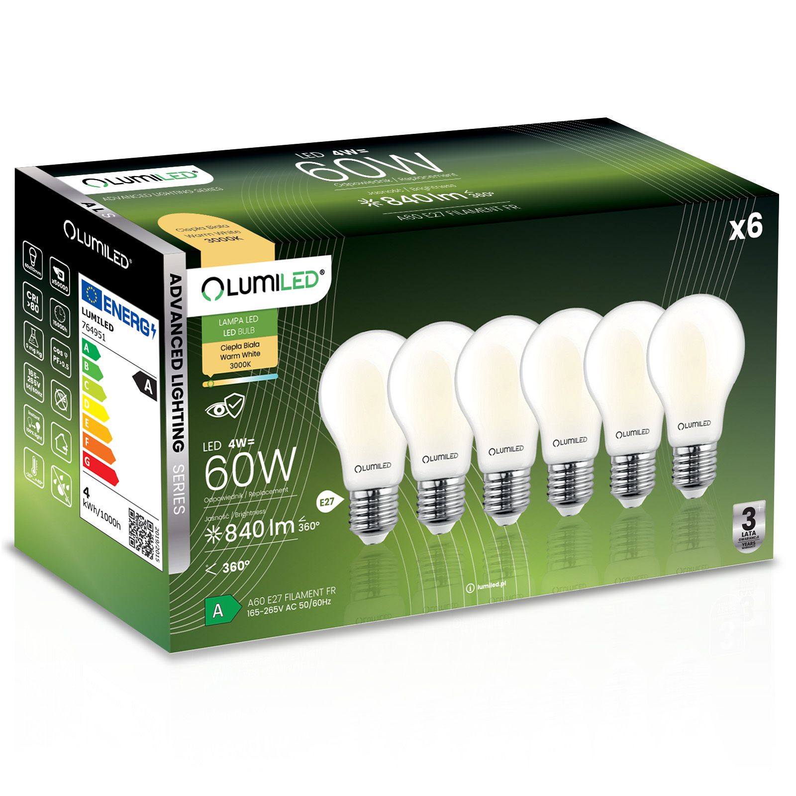 6x Żarówka LED E27 A60 4W = 60W 840lm 3000K Ciepła 360° FILAMENT LUMILED - główne zdjęcie produktu