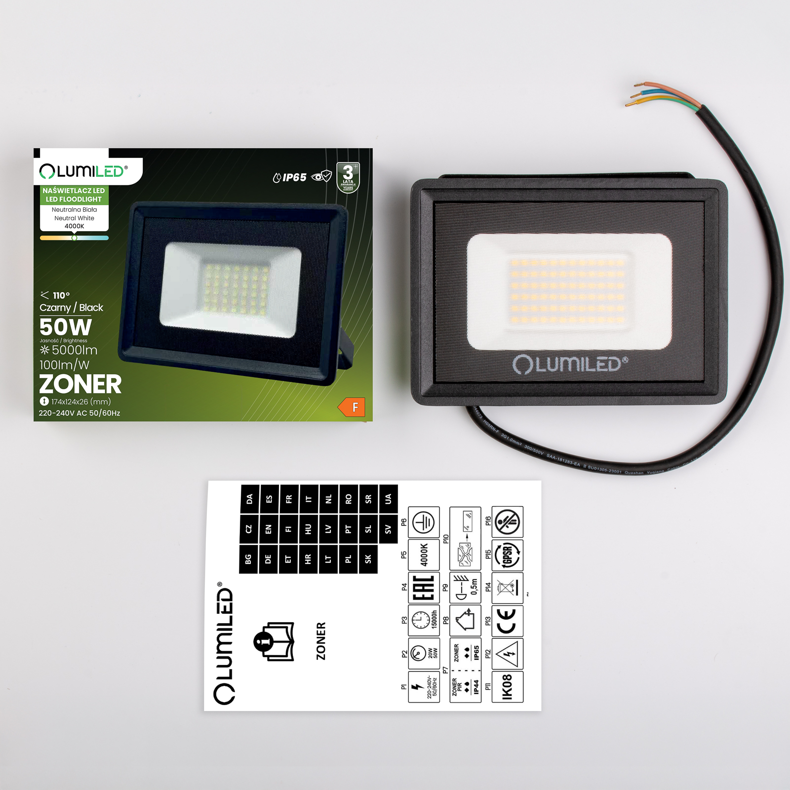 Naświetlacz LED ZONER 50W 5000LM 4000K IP65 Czarny LUMILED - skład produktu