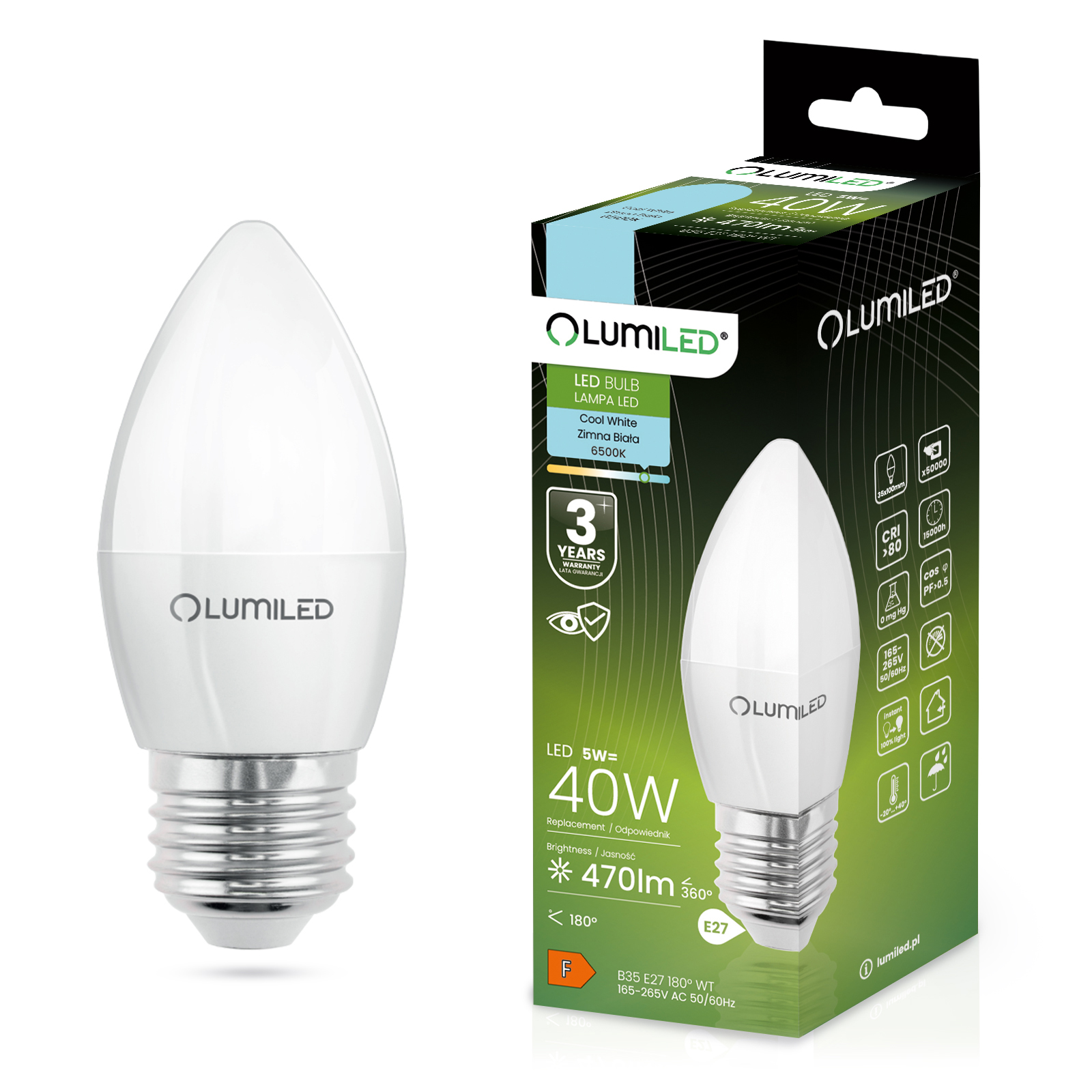 Żarówka LED E27 Świeczka B35 5W = 40W 470lm 6500K Zimna 180° LUMILED - główne zdjęcie produktu