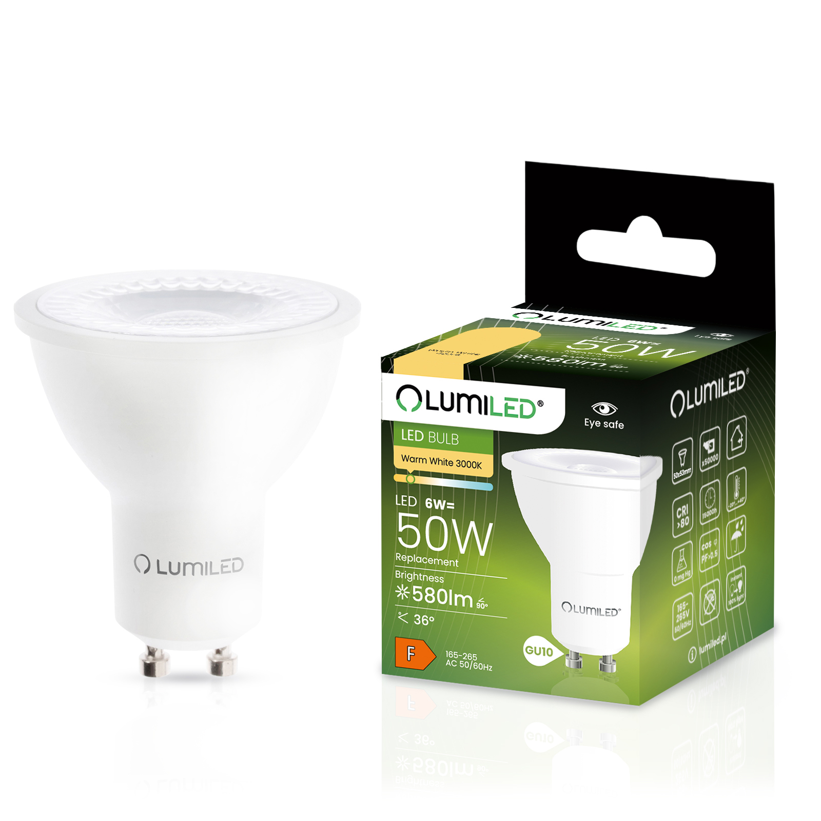 Żarówka LED GU10 Reflektor PAR16 6W = 50W 580lm 3000K Ciepła 36° LUMILED - główne zdjęcie produktu