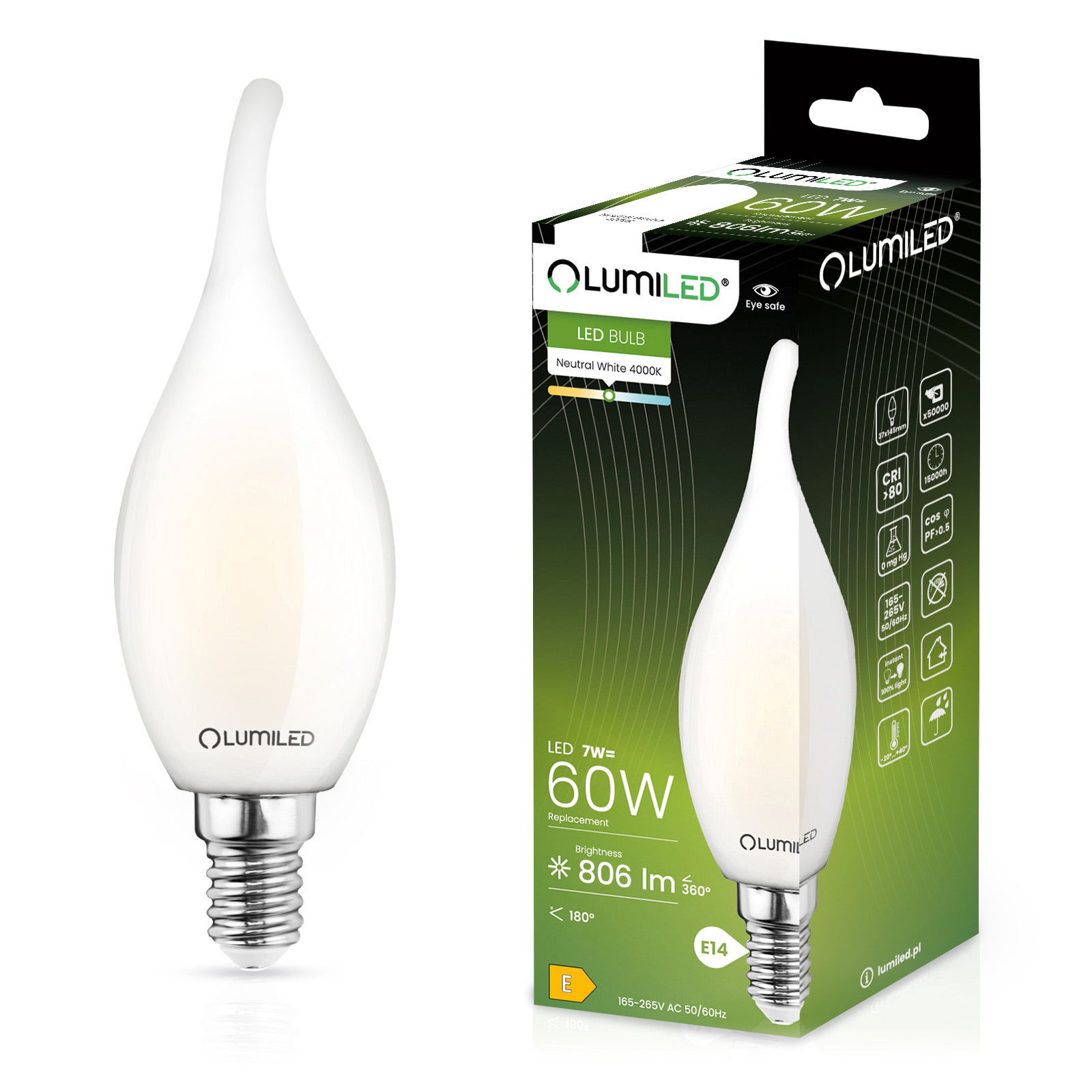 Żarówka LED E14 Świeczka BA35 7W = 60W 806lm 4000K Neutralna 360° LUMILED - główne zdjęcie produktu