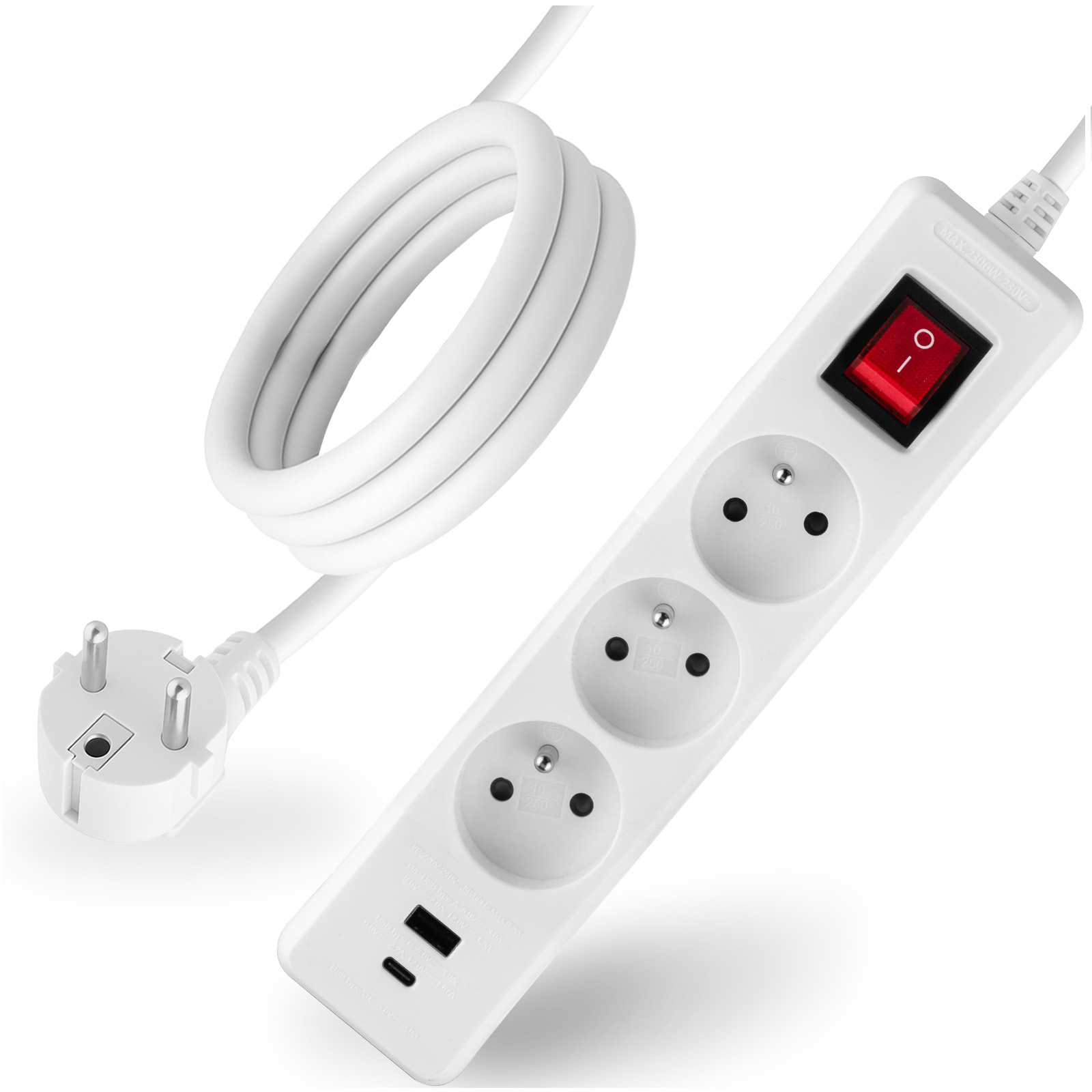 Przedłużacz Sieciowy Kabel z Uziemieniem Listwa Zasilająca 3 Gniazda 3m Włącznik ON/OFF Biały USB + USB-C Sznur ELGER Lumiled - główne zdjęcie produktu