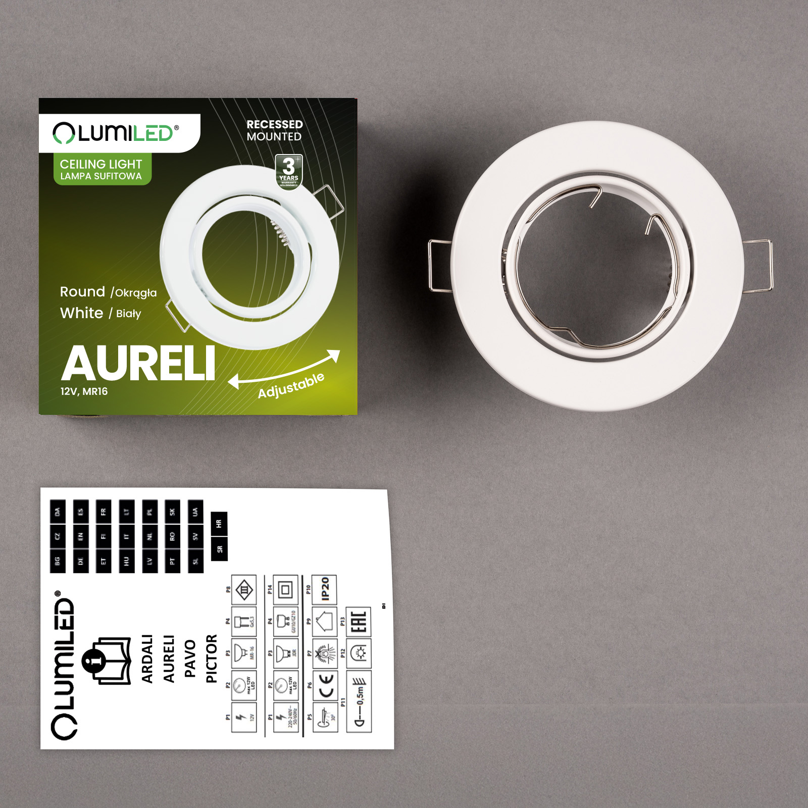Oprawa HALOGENOWA Podtynkowa Ruchoma Okrągła AURELI Biała Blacha MR16 GU10 - skład produktu