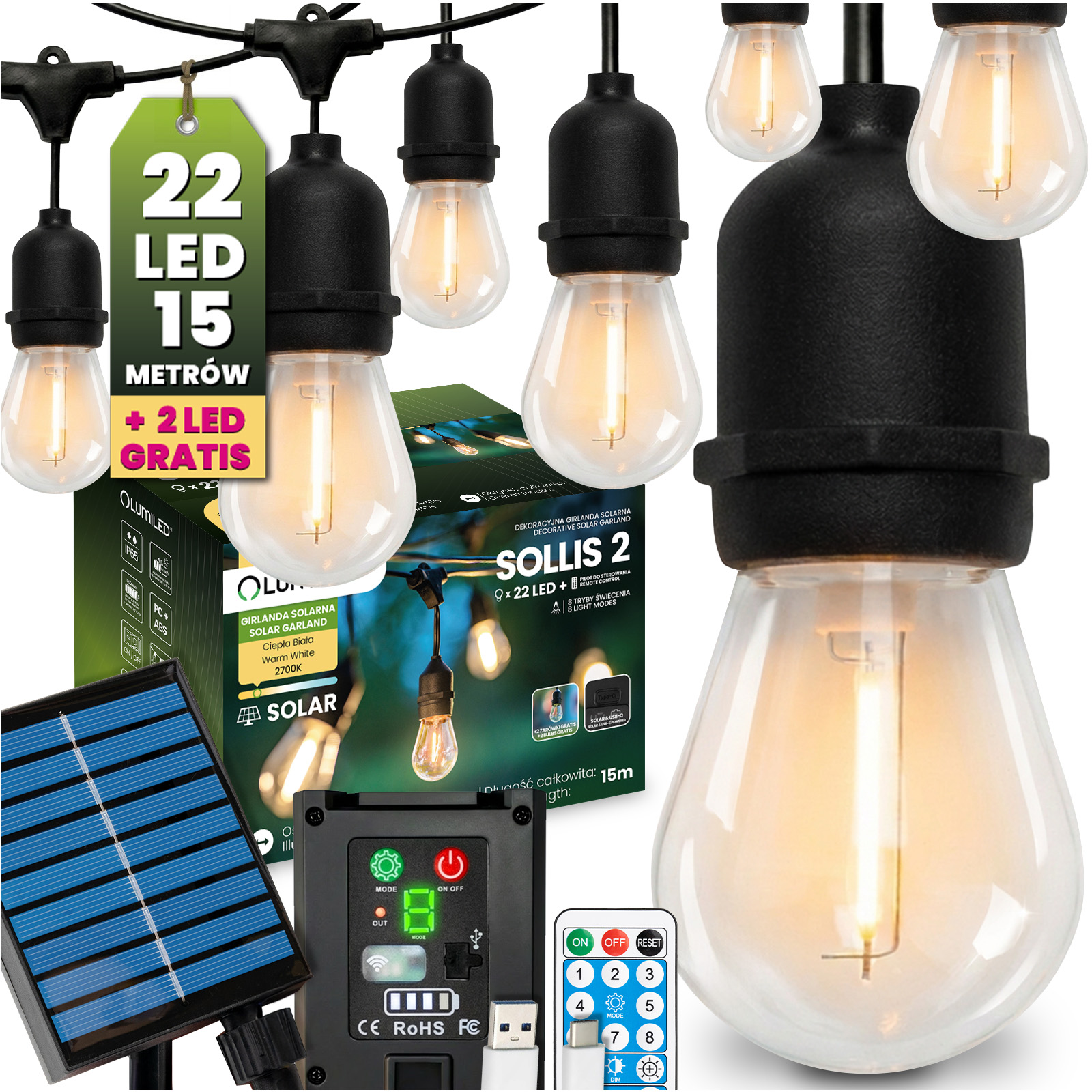 Girlanda Solarna Ogrodowa 22x LED Ozdobne Żarówki 15m 2700K Ciepła + PILOT IP65 SOLLIS 2 LUMILED - główne zdjęcie produktu