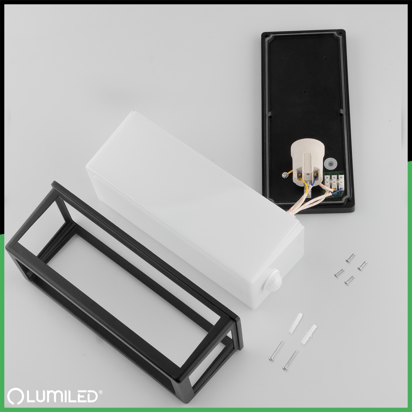 Lampa Ogrodowa Kinkiet Elewacyjny E27 Prostokątny Czujnik Ruchu DOMLO LUMILED - skład produktu