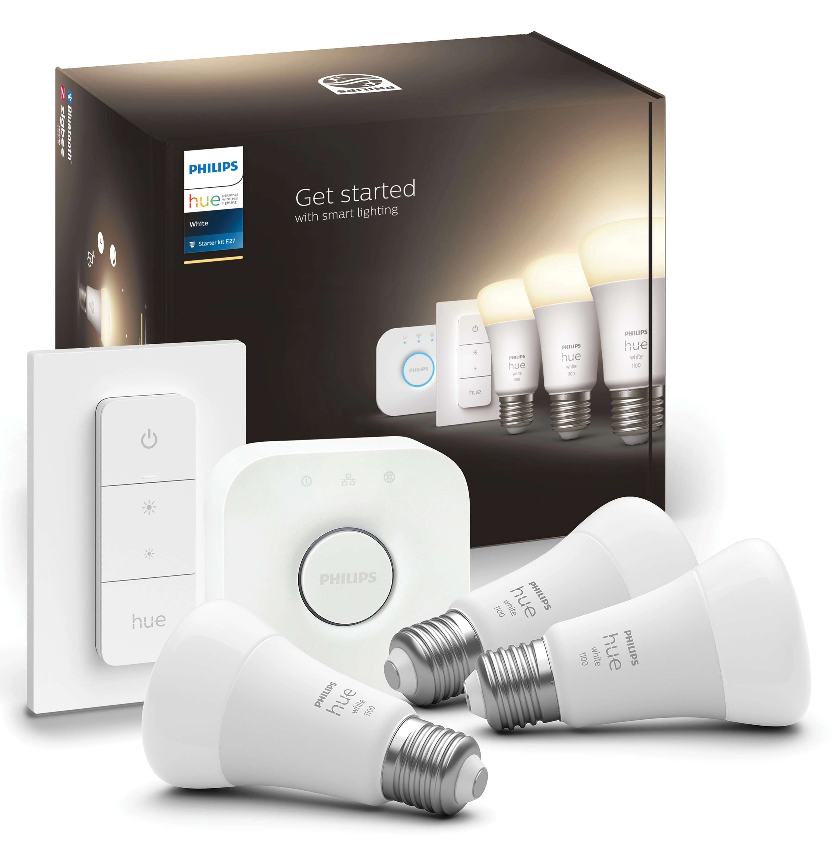 3x Żarówka LED E27 A60 9.5W = 75W 1055lm 2700K Biała Ciepła SMART Inteligentna Bluetooth ZigBee White + Mostek Bridge + Regulator PILOT Zestaw Startowy Philips HUE - główne zdjęcie produktu