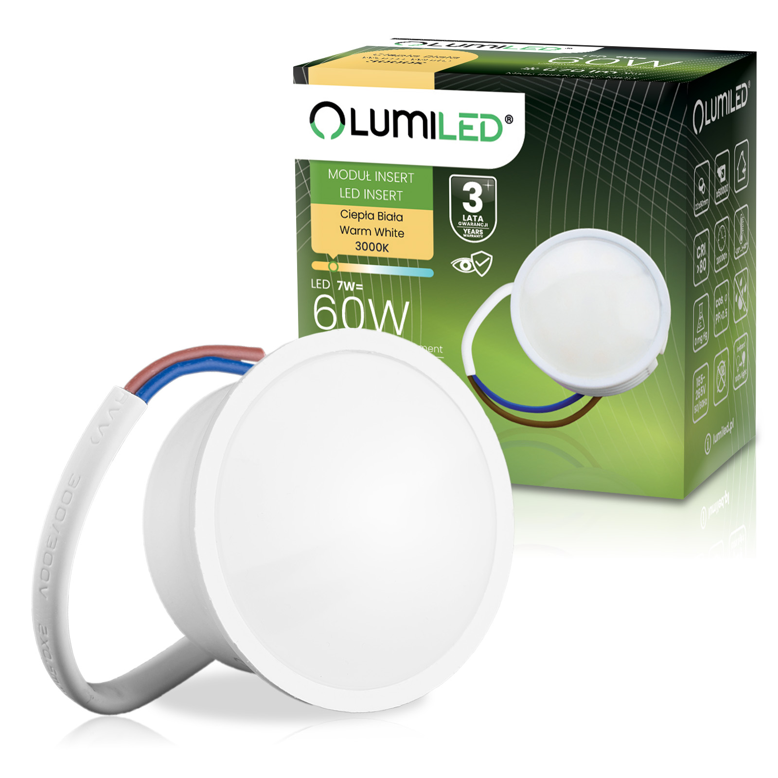 Wkład do Opraw LED Żarówka Moduł INSERT Reflektor 7W = 60W 670lm 3000K Ciepła 120° LUMILED - główne zdjęcie produktu